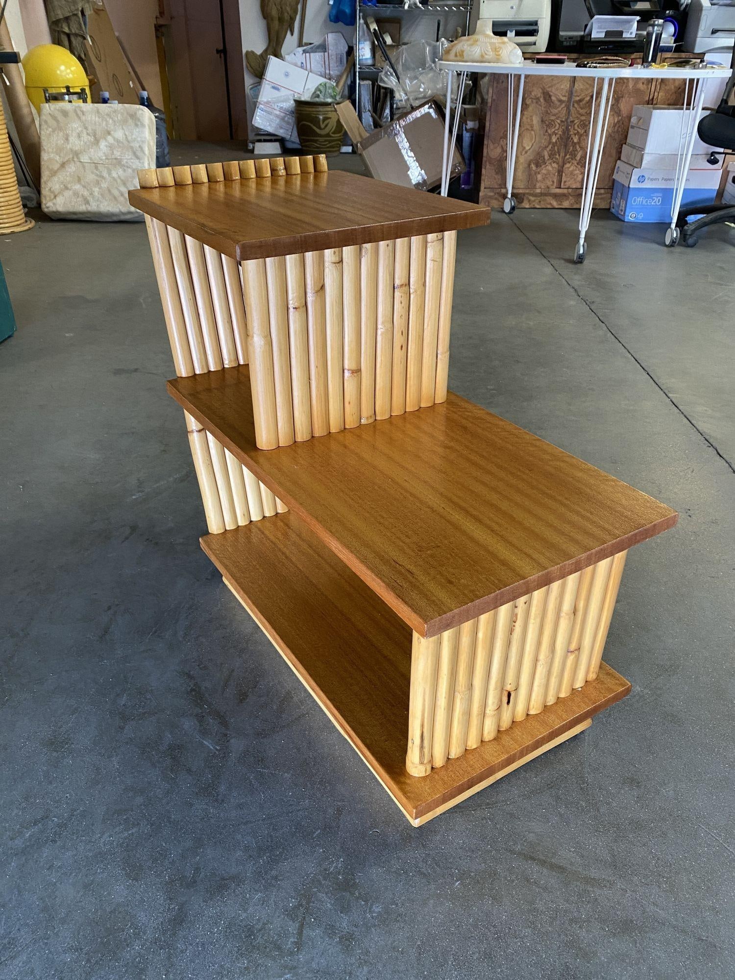 Restored Mid-Century Vertically Stacked Geometric Rattan Side Table, Mahogany - 11