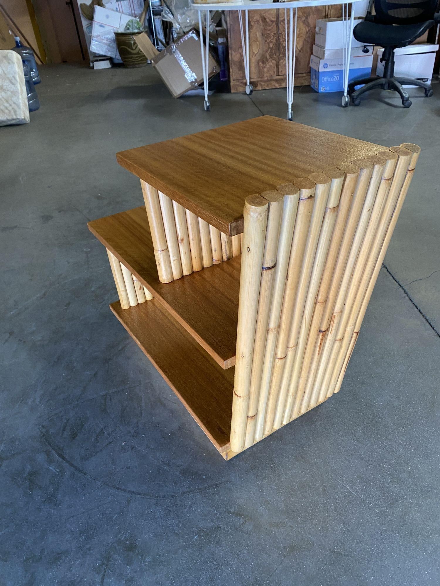 Restored Mid-Century Vertically Stacked Geometric Rattan Side Table, Mahogany - 13