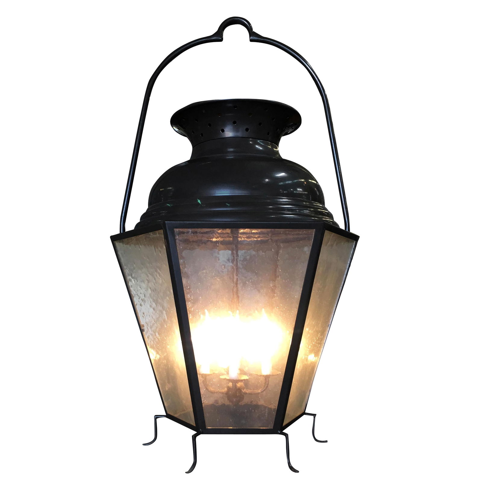 Large Octagon Bronze 4-Light Lantern Chandelier with Handle: Large octagon oil rub bronze fished 4-light lantern chandelier with handle along the top. addx1 Reserve: $2,520.00br> Shipping: Domestic: Shipping rates are determined by destination Interna