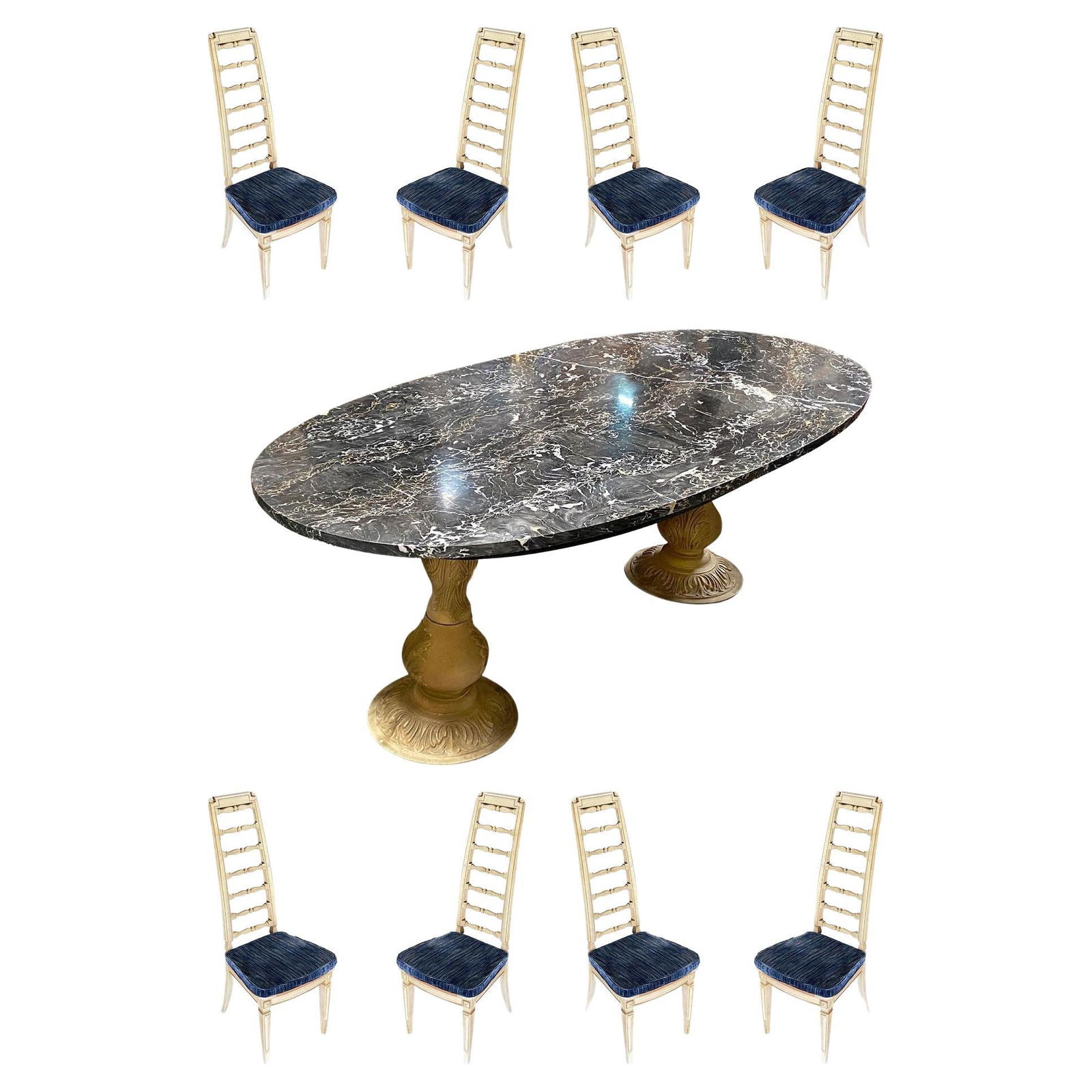 Portoro Nero Marble Dining Set with High Back Thomasville Chairs: Thomasville Dining Room Set featuring 8 high back chairs with matching marble table. Each chair features a tall 50" back with tarped wood accents, a white finish, and a woven wicker seat with a remova