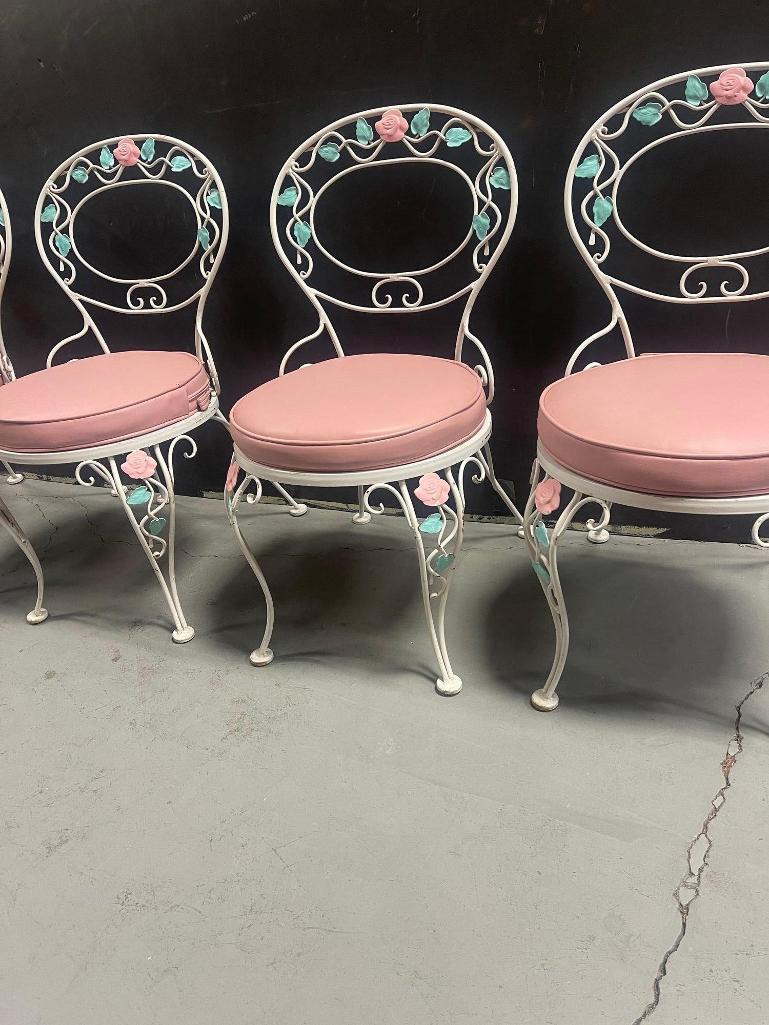 Pink Rose White Iron Garden Table and Chairs Set - 6