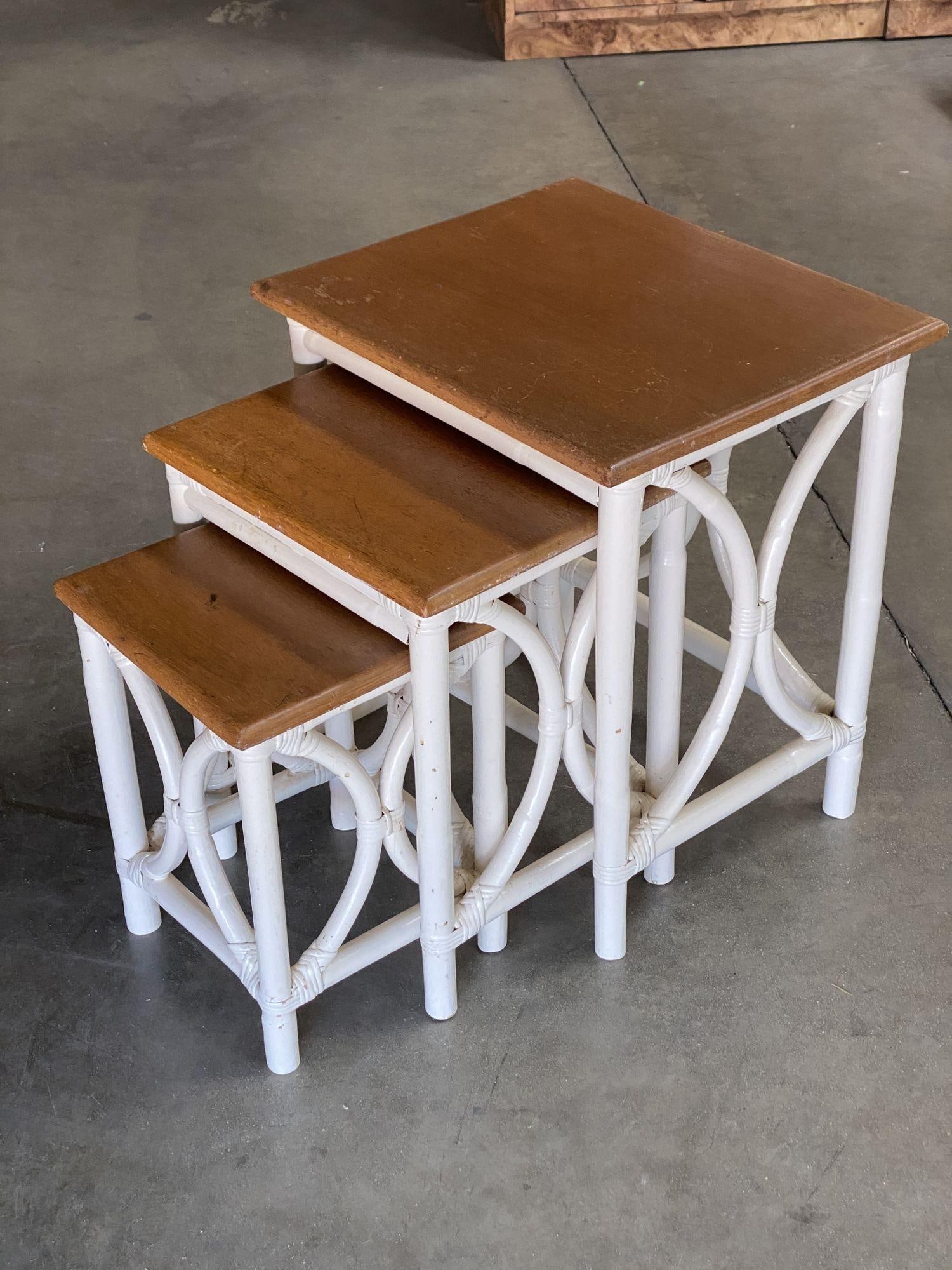 Mid-Century Set of 3 Whited Rattan Nesting Side Tables w/ Mahogany Top - 11