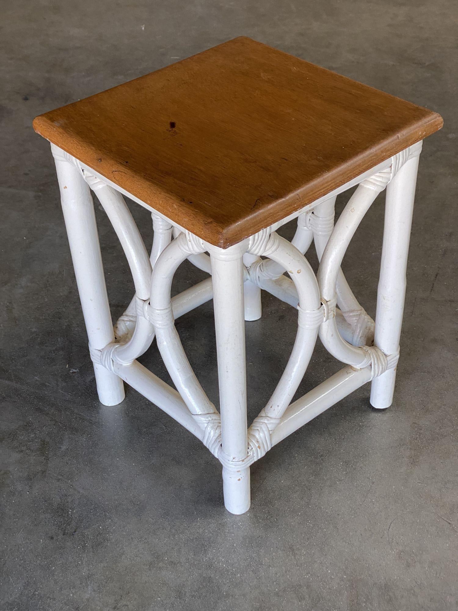 Mid-Century Set of 3 Whited Rattan Nesting Side Tables w/ Mahogany Top - 12