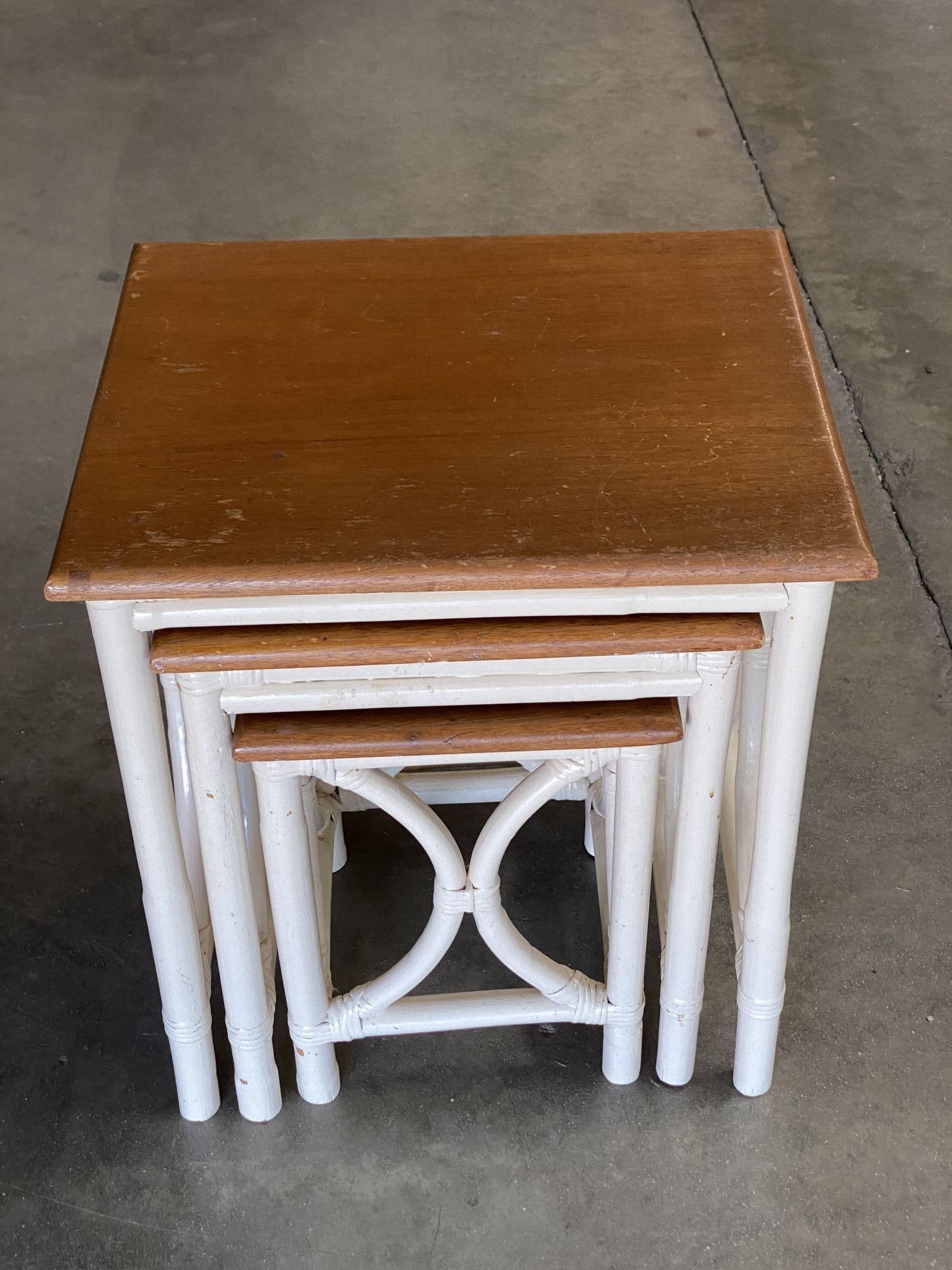 Mid-Century Set of 3 Whited Rattan Nesting Side Tables w/ Mahogany Top - 18