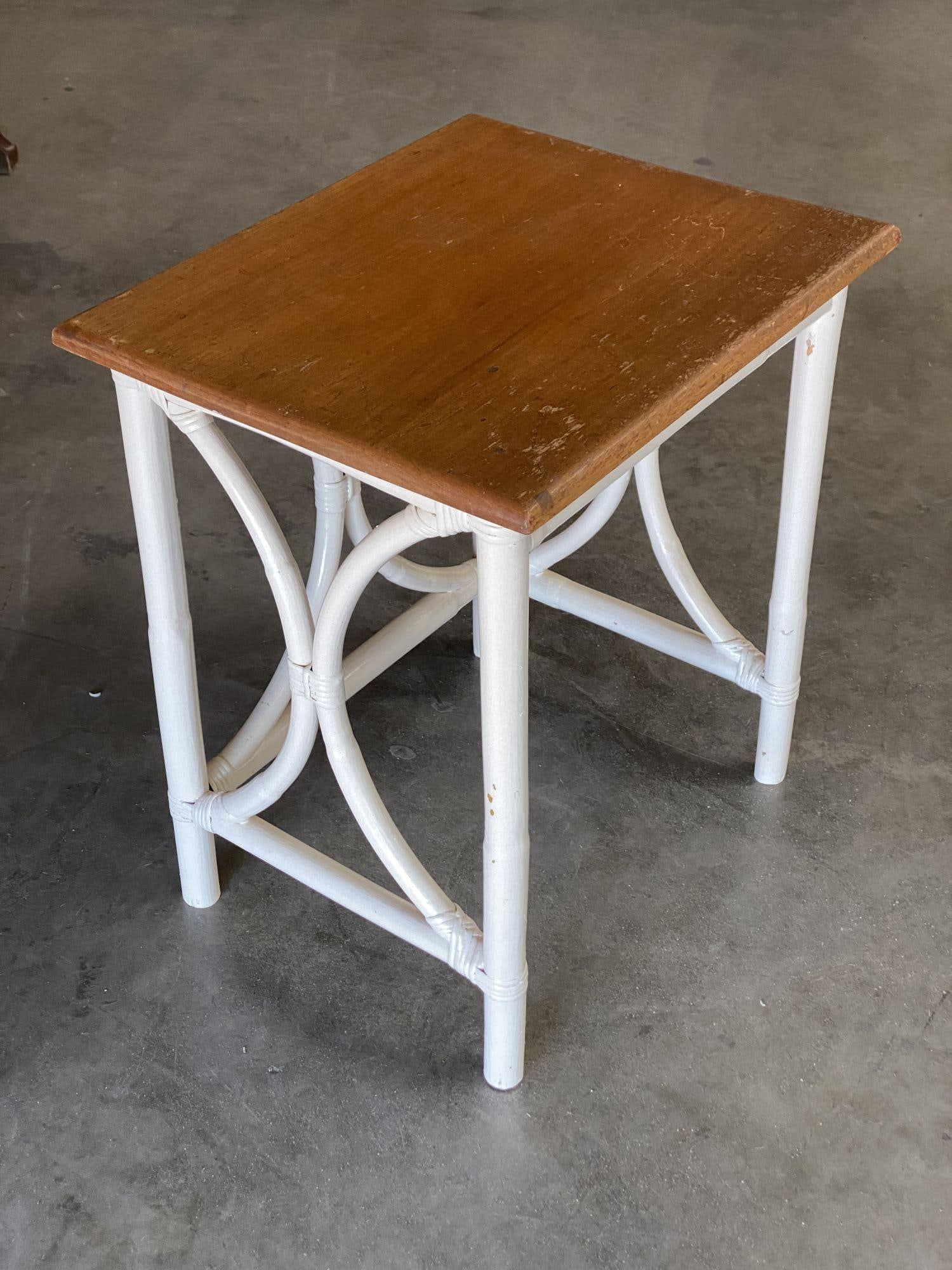 Mid-Century Set of 3 Whited Rattan Nesting Side Tables w/ Mahogany Top - 5