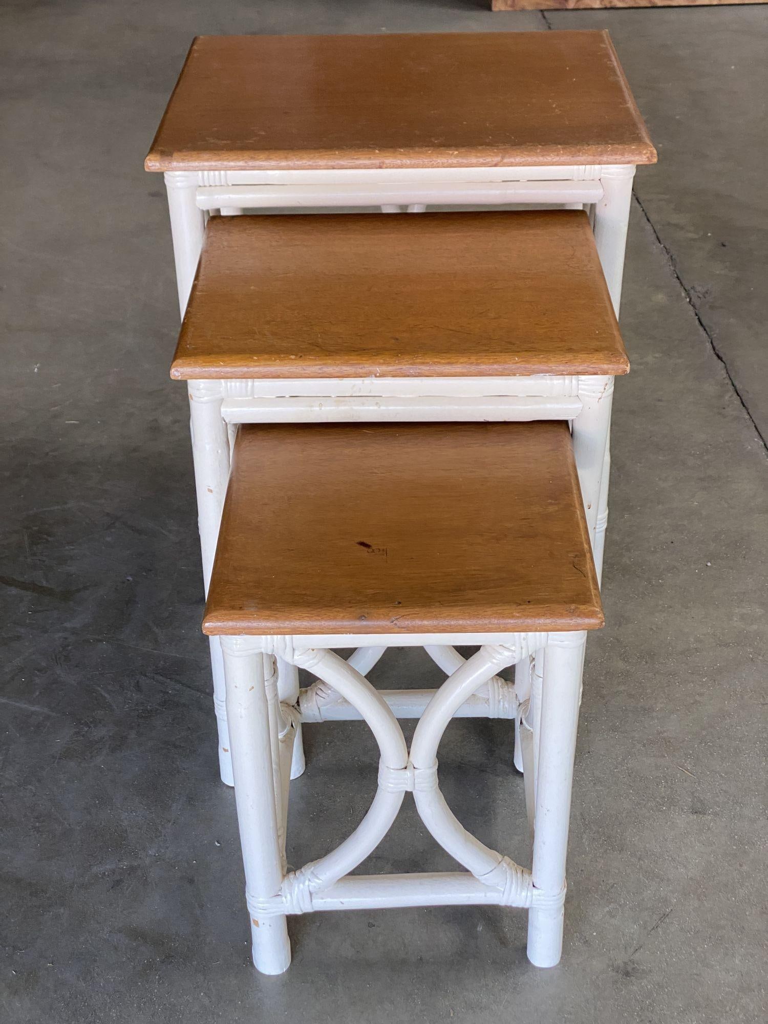 Mid-Century Set of 3 Whited Rattan Nesting Side Tables w/ Mahogany Top - 9