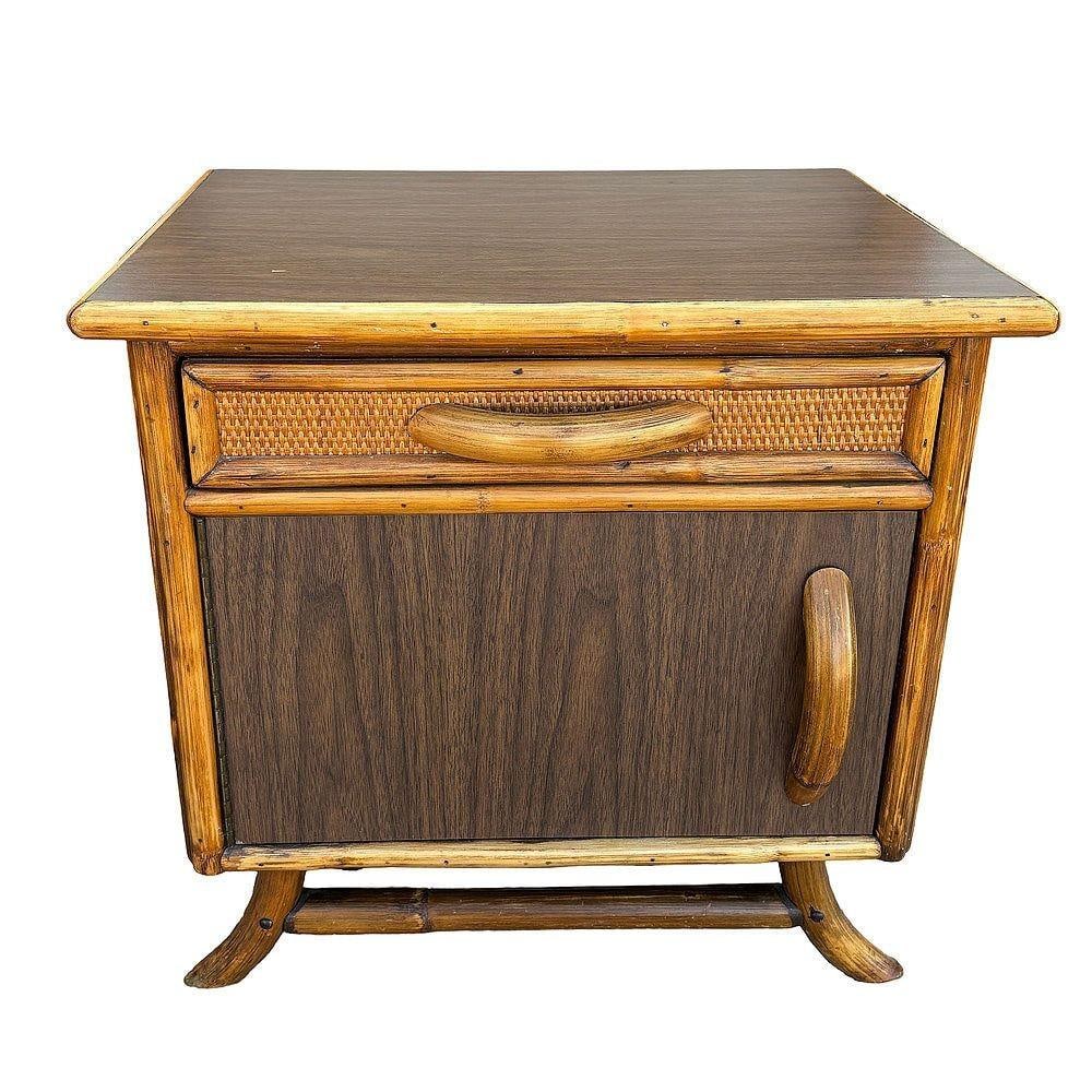 Restored James Mont Styles Rattan & Woven Wicker Bedside Table, Pair - 17