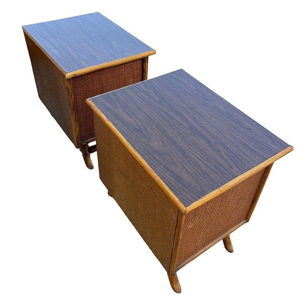 Restored James Mont Styles Rattan & Woven Wicker Bedside Table, Pair - 5