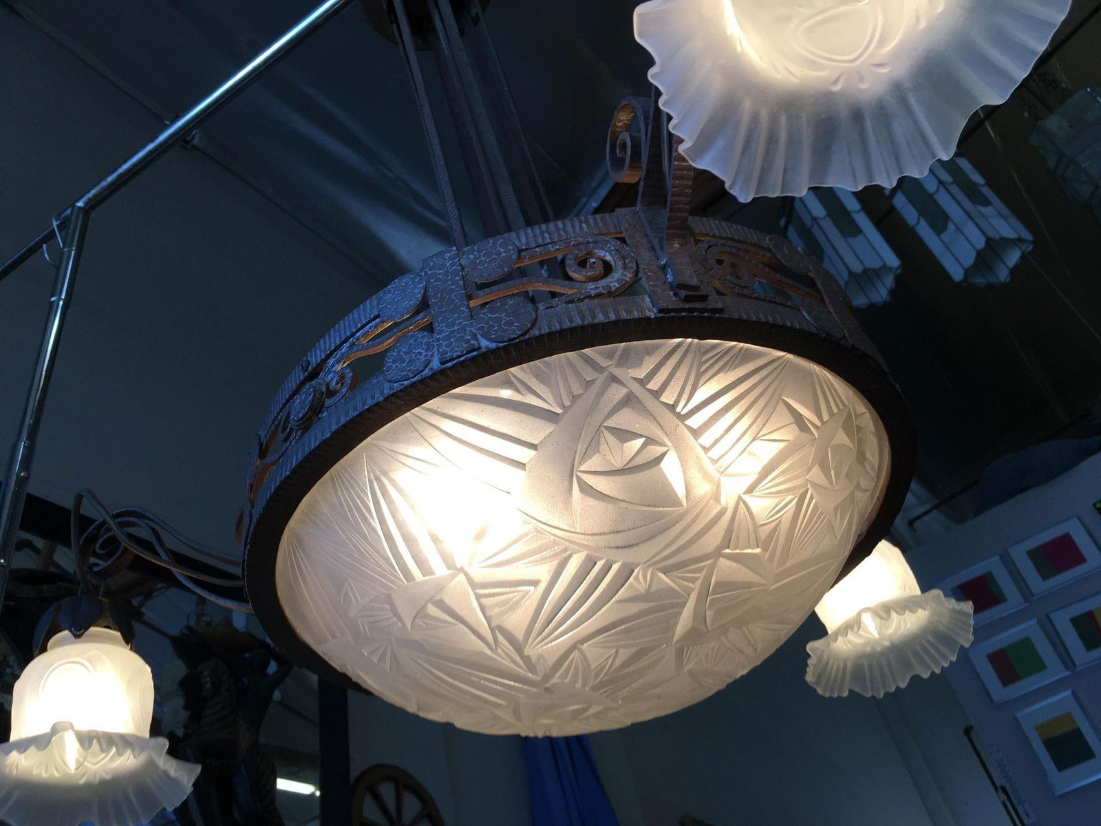 Hand Forged Mission Style Chandelier With Cut Glass Shades - 19