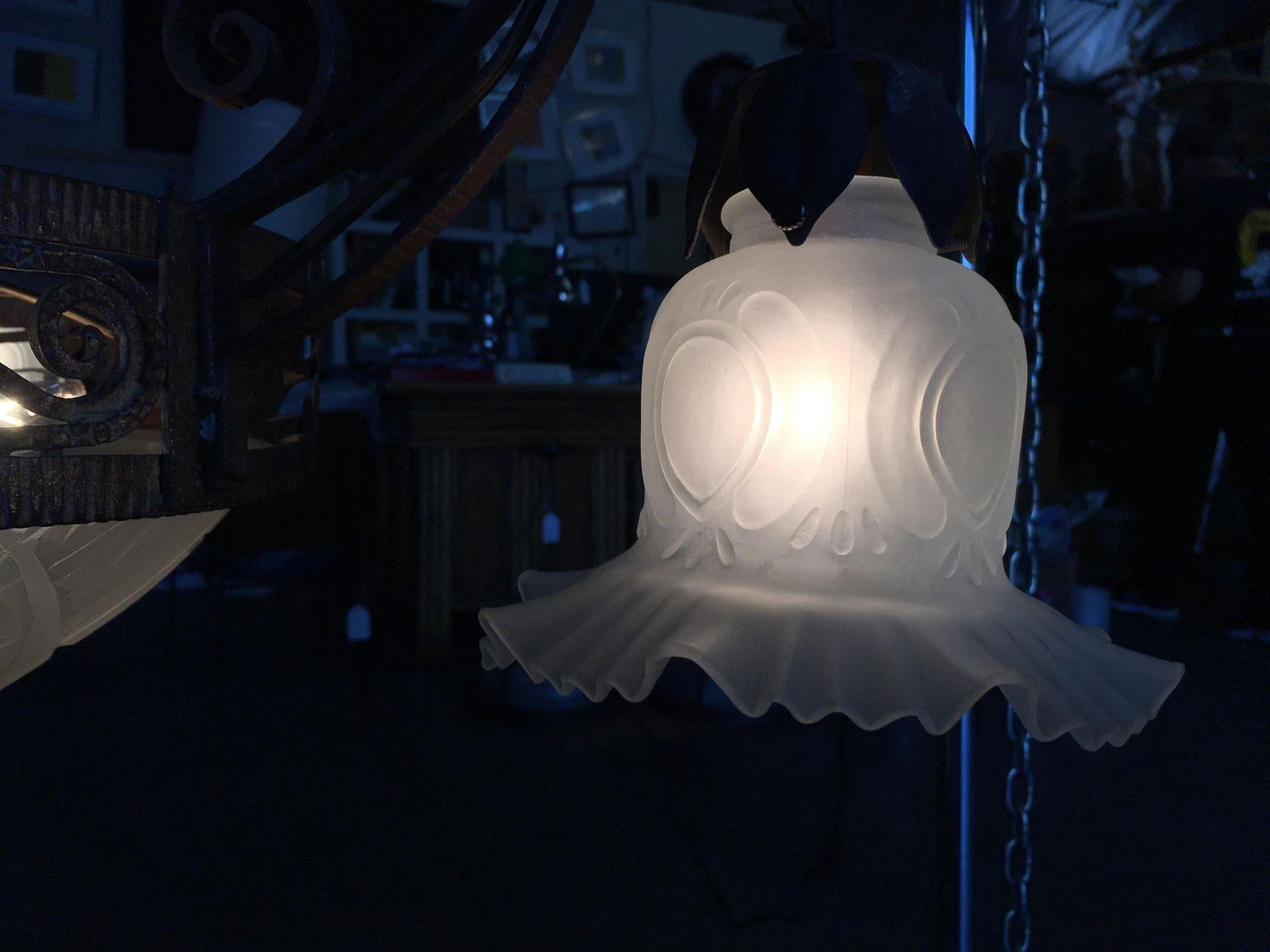 Hand Forged Mission Style Chandelier With Cut Glass Shades - 4