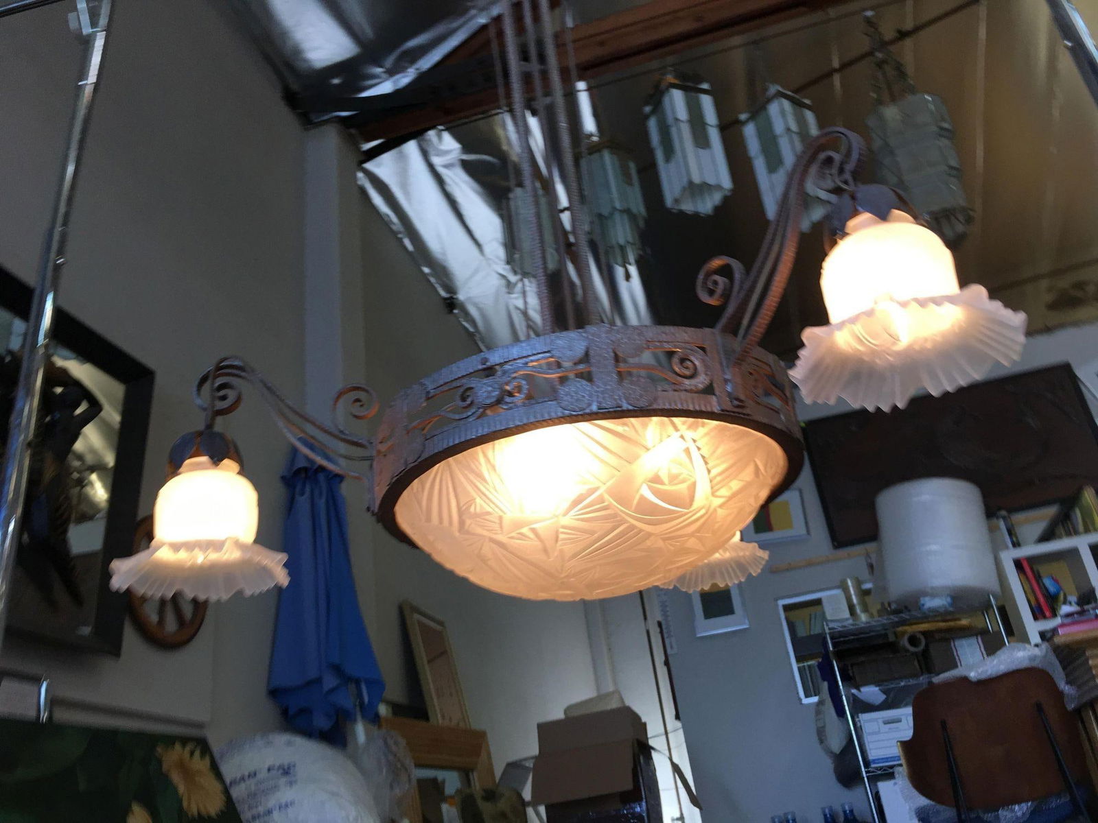 Hand Forged Mission Style Chandelier With Cut Glass Shades - 9