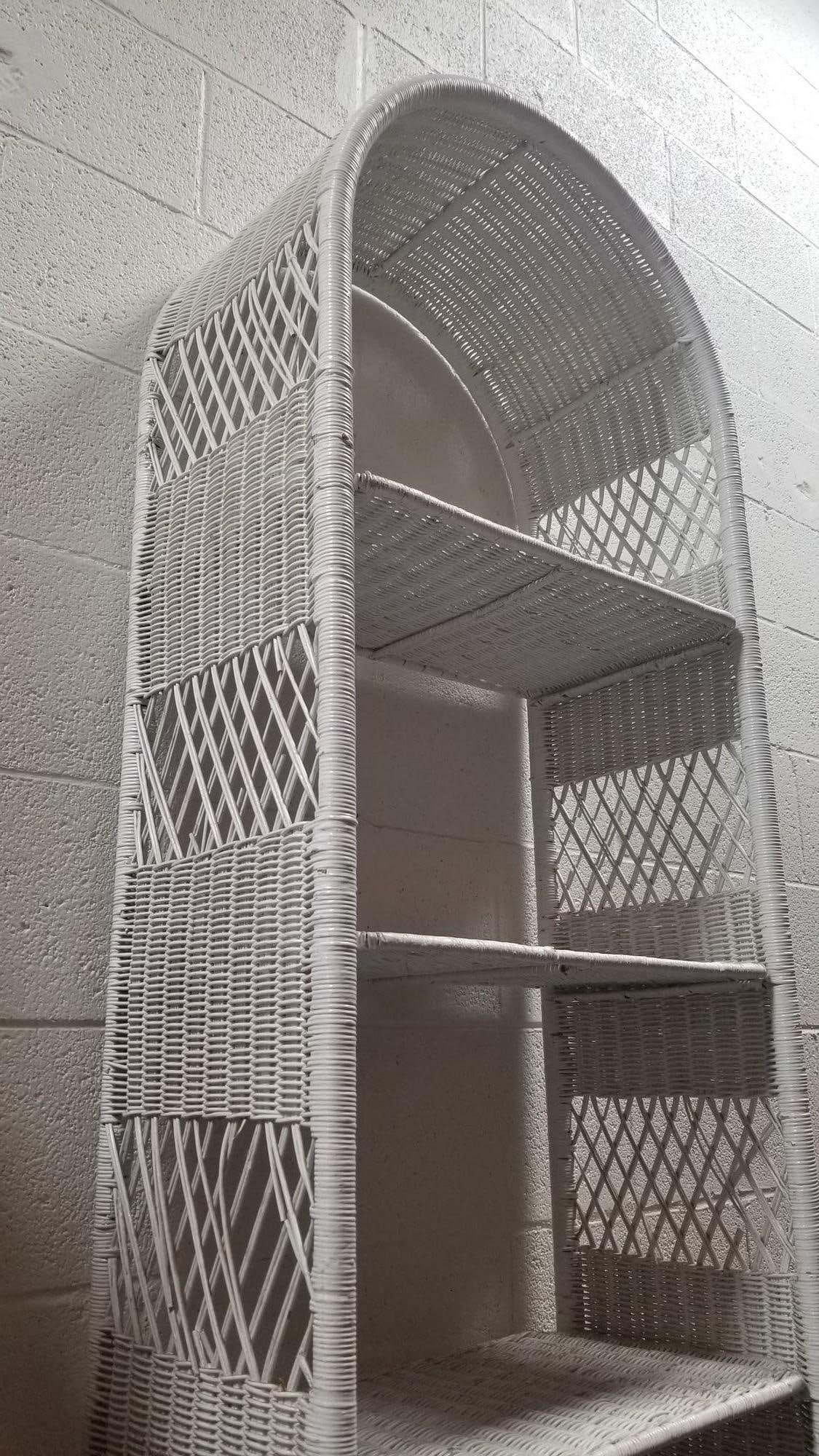 Restored White Rattan Wicker Arched Bookcase - 4