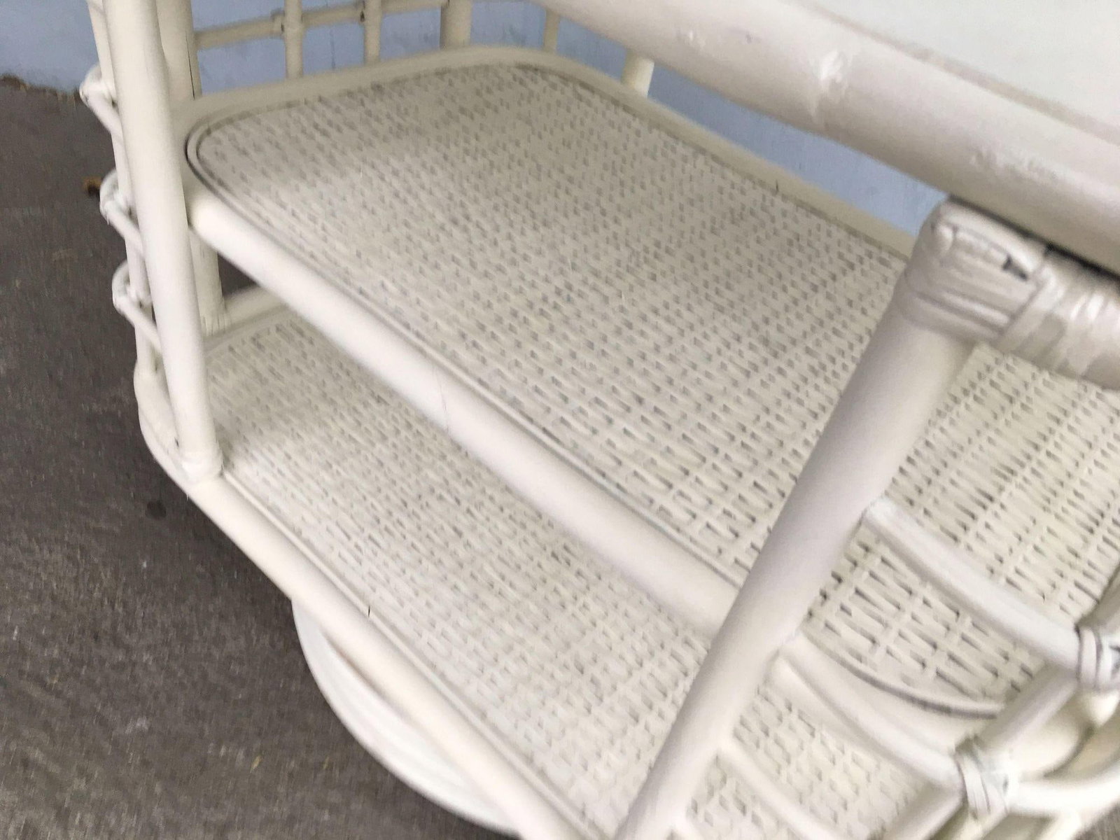 Restored White Cage Rattan Side Table Swivel Bookshelf - 19