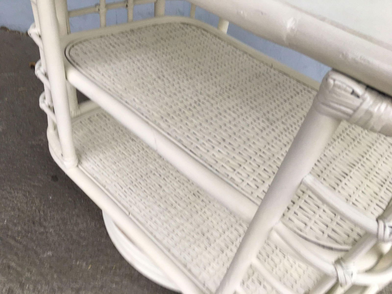 Restored White Cage Rattan Side Table Swivel Bookshelf - 3