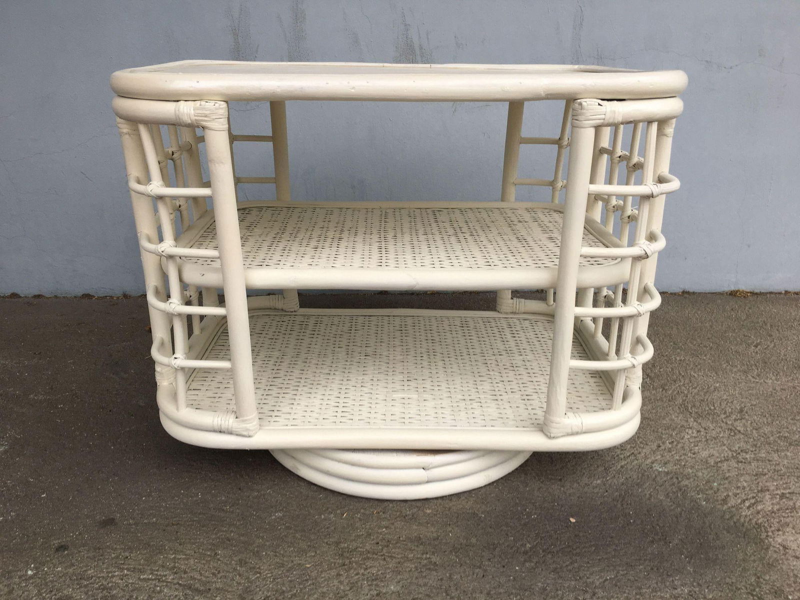 Restored White Cage Rattan Side Table Swivel Bookshelf - 8