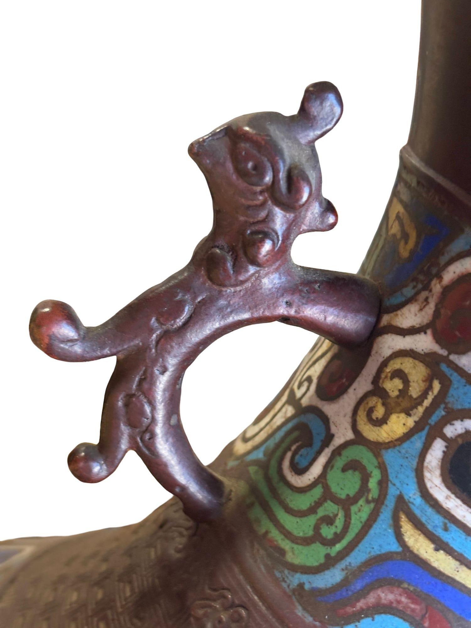 1910 Meiji Period Japanese Cloisonné Lamp with Wrought Iron and Enamel Shade - 11