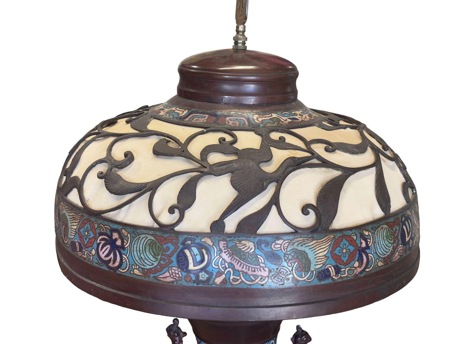 1910 Meiji Period Japanese Cloisonné Lamp with Wrought Iron and Enamel Shade - 18