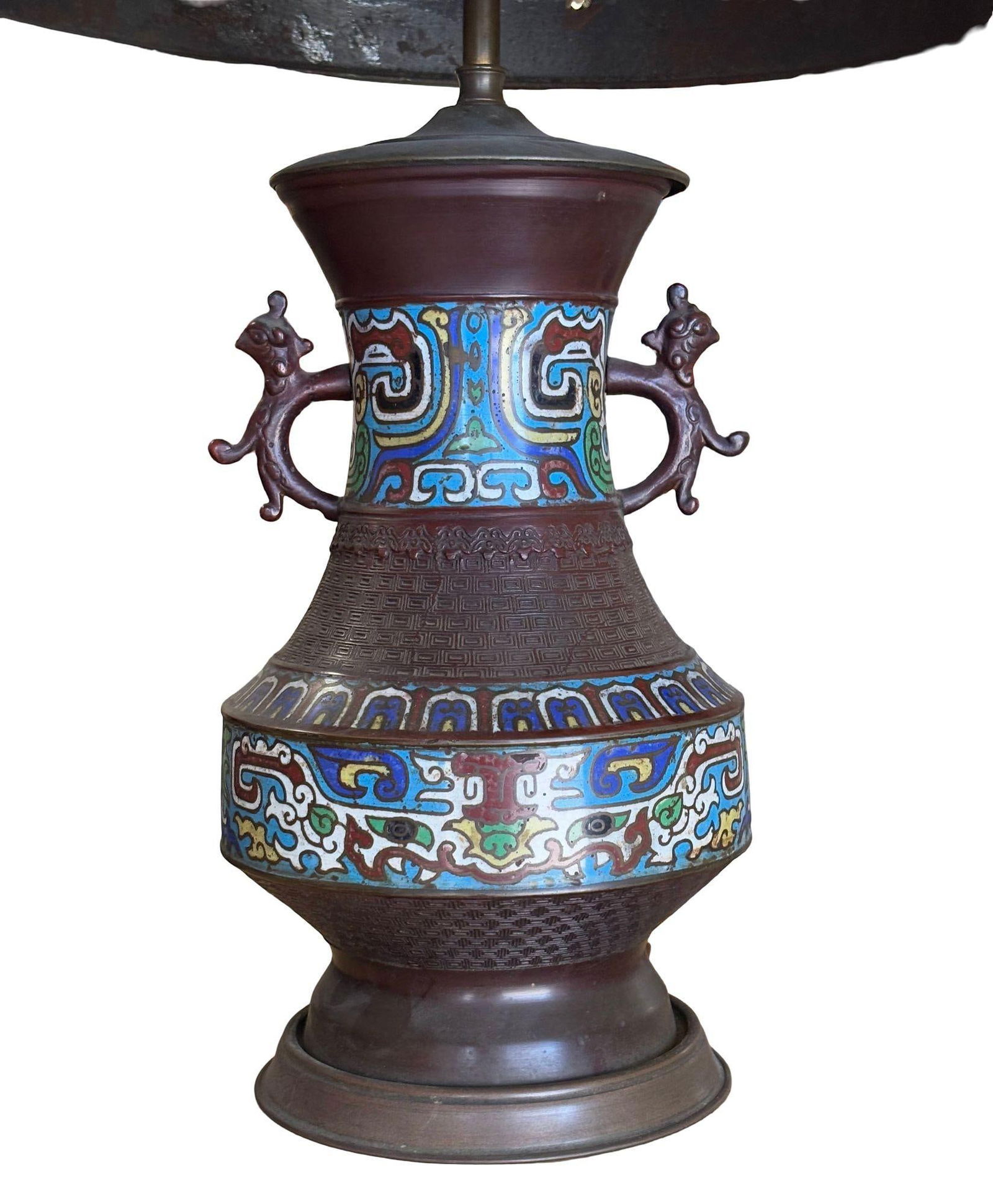 1910 Meiji Period Japanese Cloisonné Lamp with Wrought Iron and Enamel Shade - 9