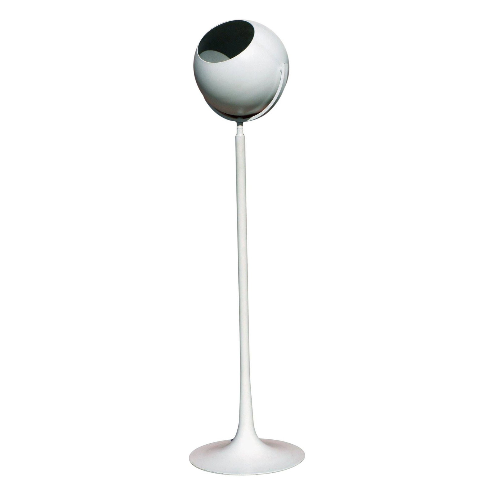 1970s Adjustable "Eye Ball" Floor Lamp on Pedestal Base: This "eye ball" floor lamp from the 1970s features an adjustable head and swivel neck. The light is rendered in white coated aluminum and rests on an elegant pedestal base reminiscent of Saarinen's