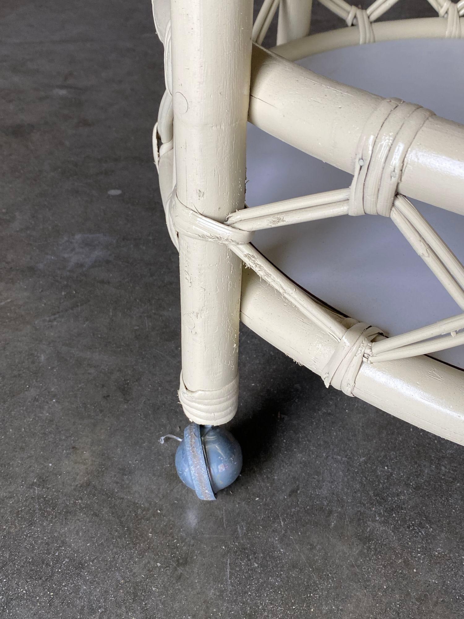 Restored Modern White Round Rattan and Mahogany Bar Cart - 12
