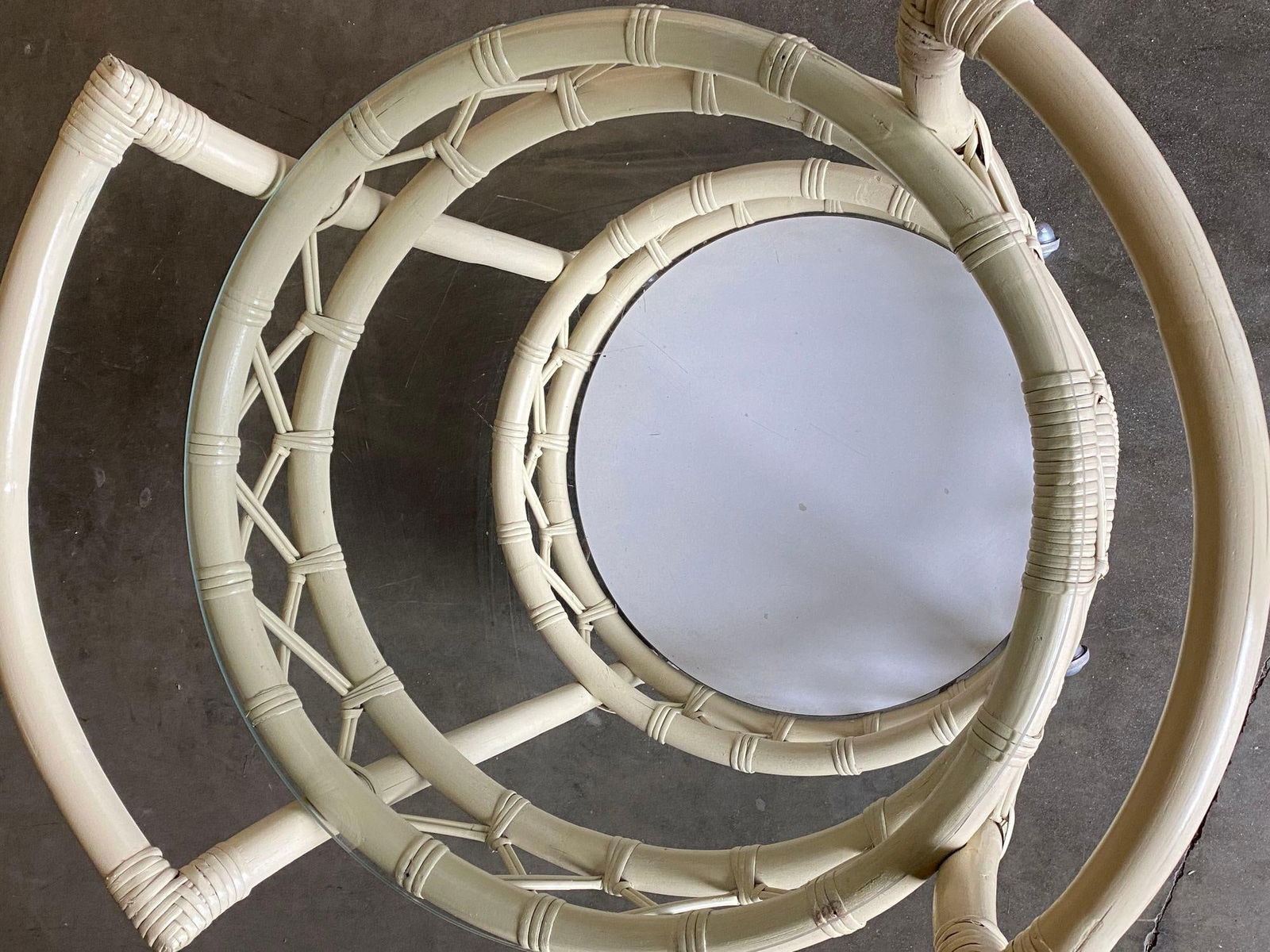 Restored Modern White Round Rattan and Mahogany Bar Cart - 19