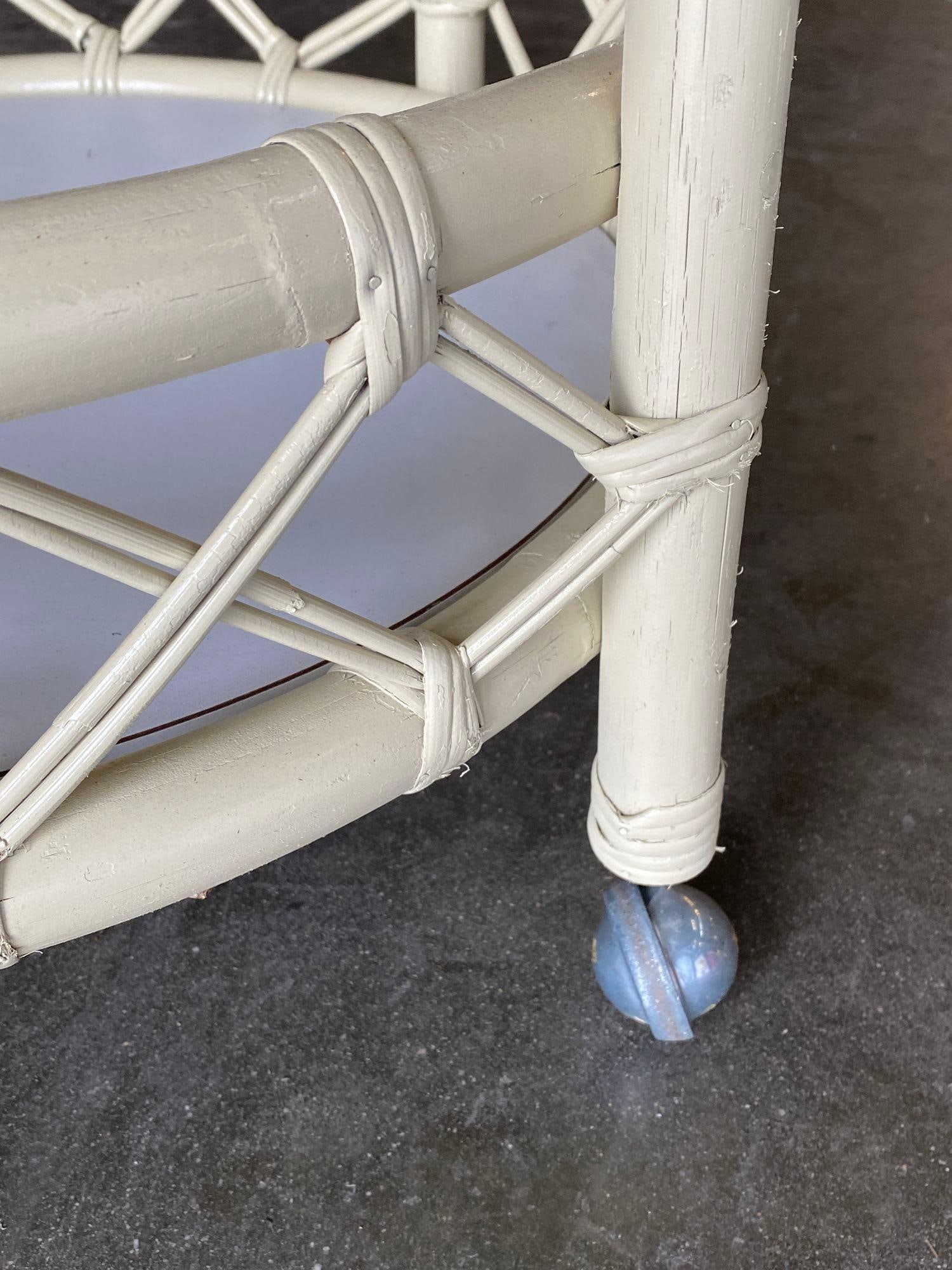 Restored Modern White Round Rattan and Mahogany Bar Cart - 5