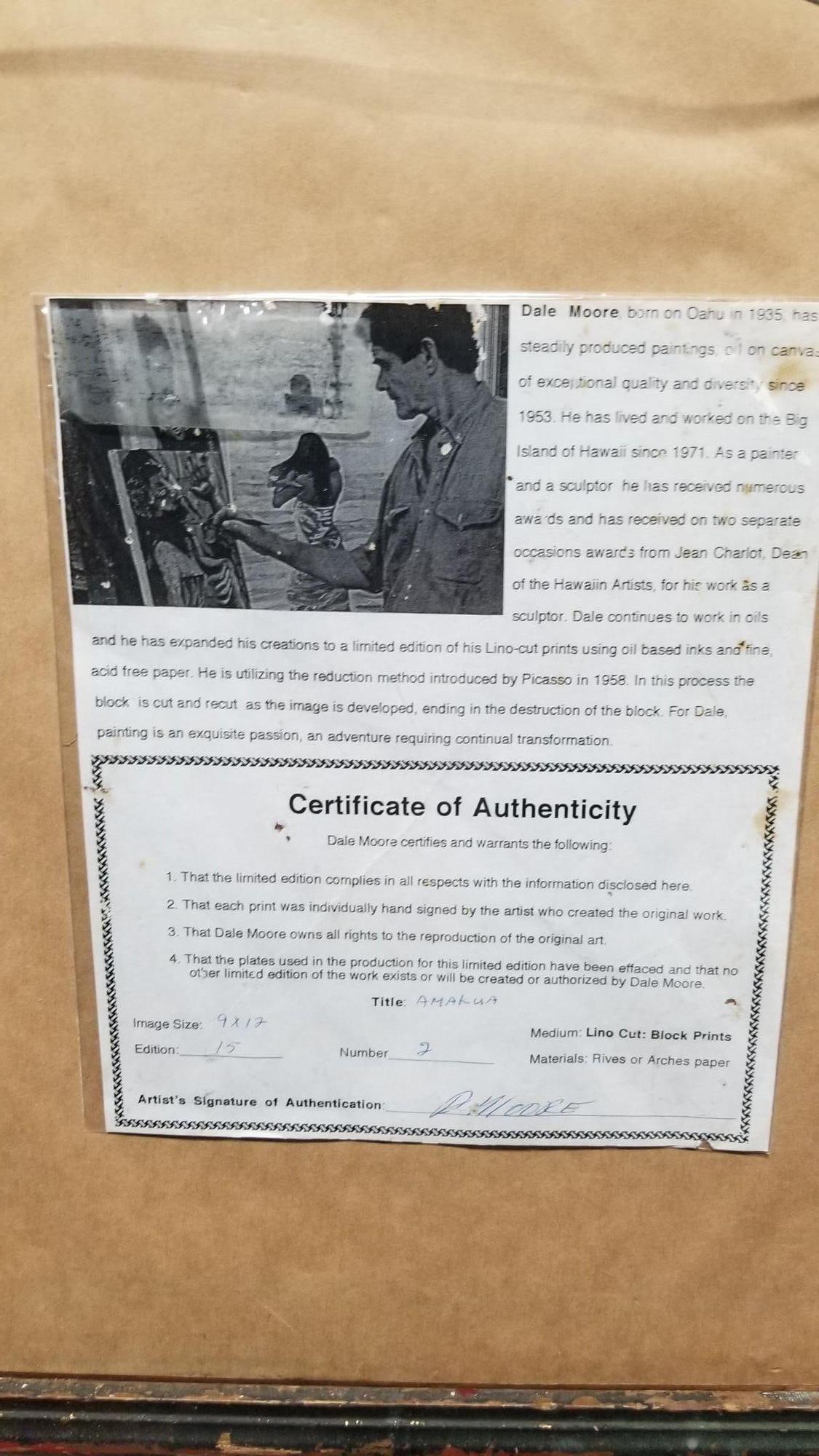 Block Print "Amakua" on Paper by Dale Moore Edition #2/15 - 6