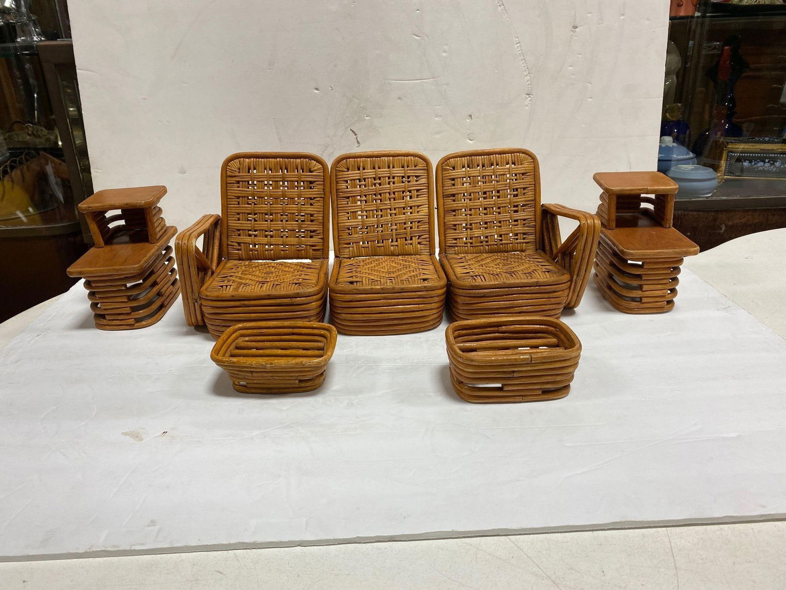 Paul Frankl Style Salesman Sample Miniature Rattan Livingroom Set, 1950 - 8