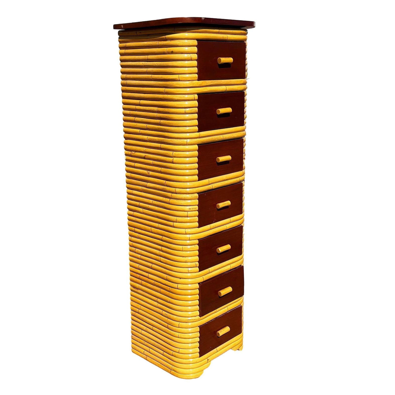 Restored Paul Frankl Style Stacked Rattan & Mahogany Petite Chest of 7 Drawers - 17