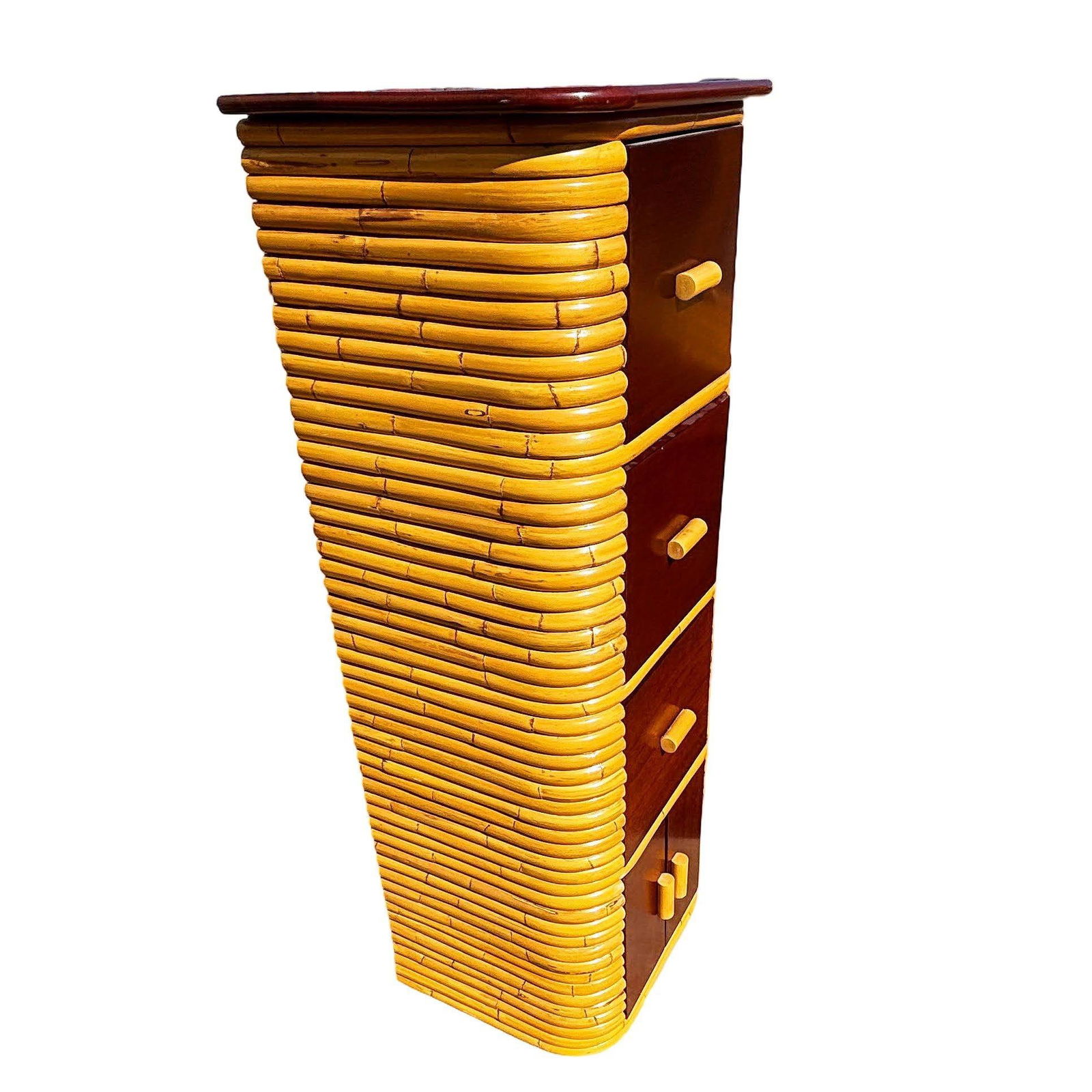 Restored Paul Frankl Style Stacked Rattan & Mahogany Petite Chest of 7 Drawers - 18