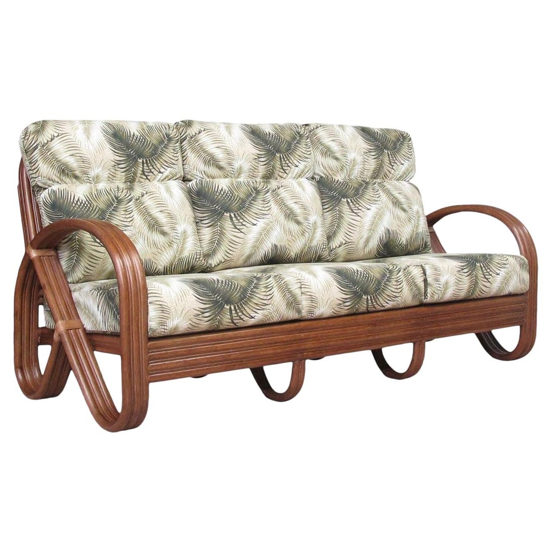 Modernist 3-Strand 3/4 Pretzel "Kauai" 3 Seat Rattan Sofa: New old stock 3-strand 3/4, three-seat rattan "Kauai" Sofa featuring 3/4 pretzel chair arms with loop center feet. Add that mid-20th-century Hawaiian charm and timeless tropical vibe to your home with