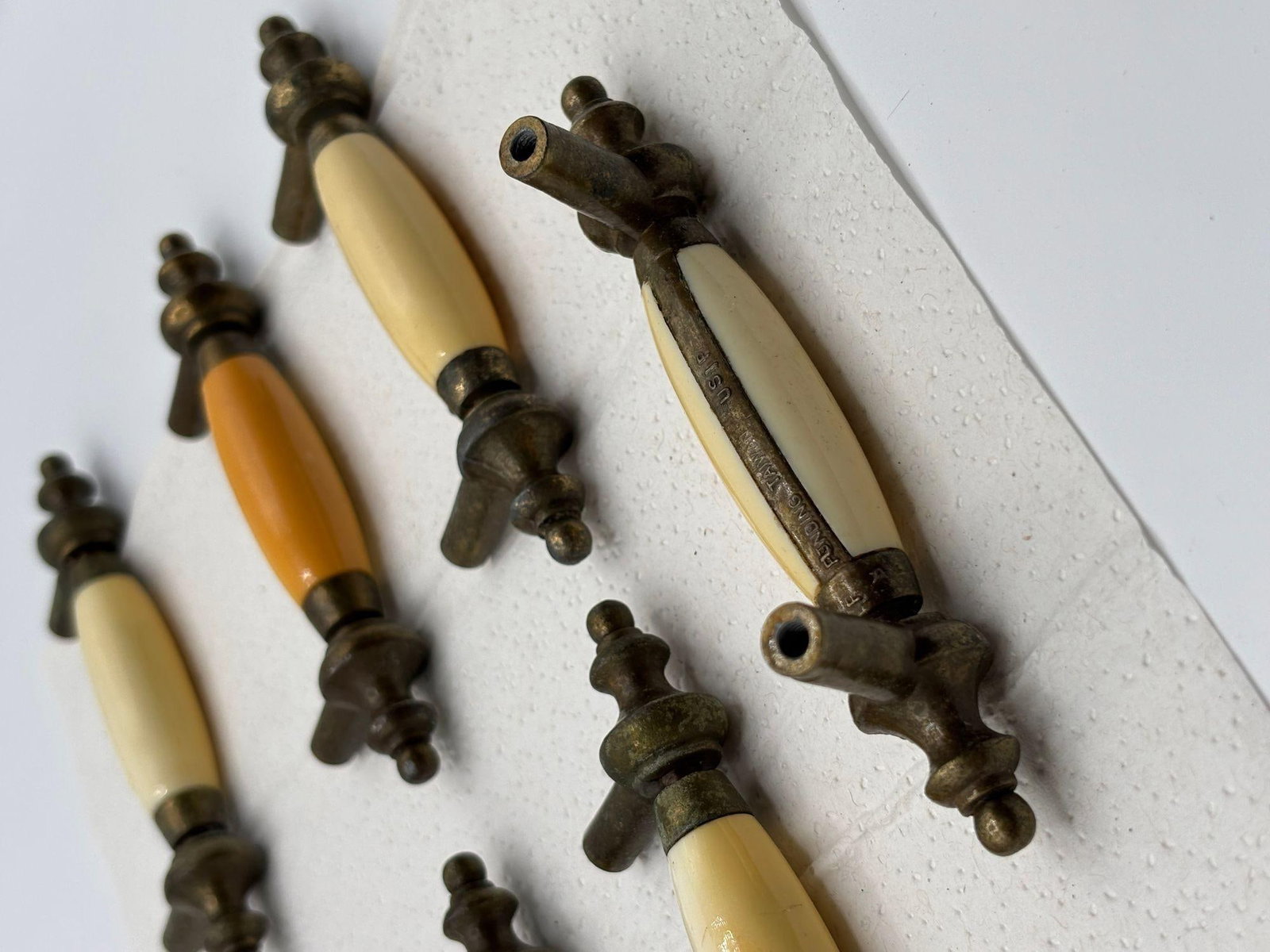 5" Patinaed Brass & Porcelain Drawer Pull Handle w/ Steeple Tips , Set of 29 - 11