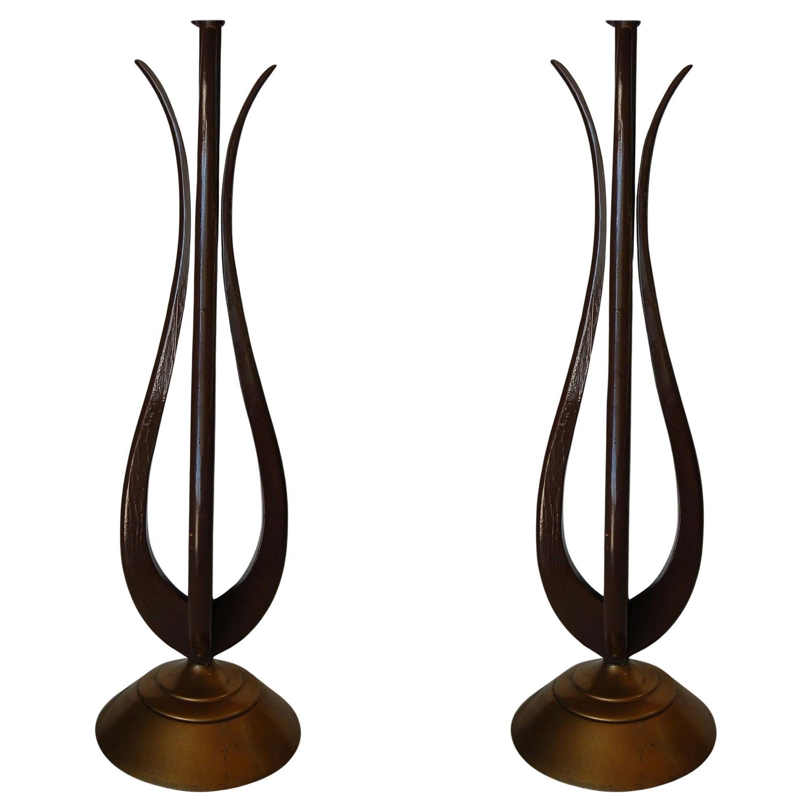 Modernist Harp Shaped Sculptural Walnut and Brass Tone Table Lamp, Pair: Pair of attractive Mid-century tulip-shaped sculptural Walnut wood table lamps with Brass tone base resembling the shape of a Greek harp. Each lamp features a danish Inspired design with a unique flai