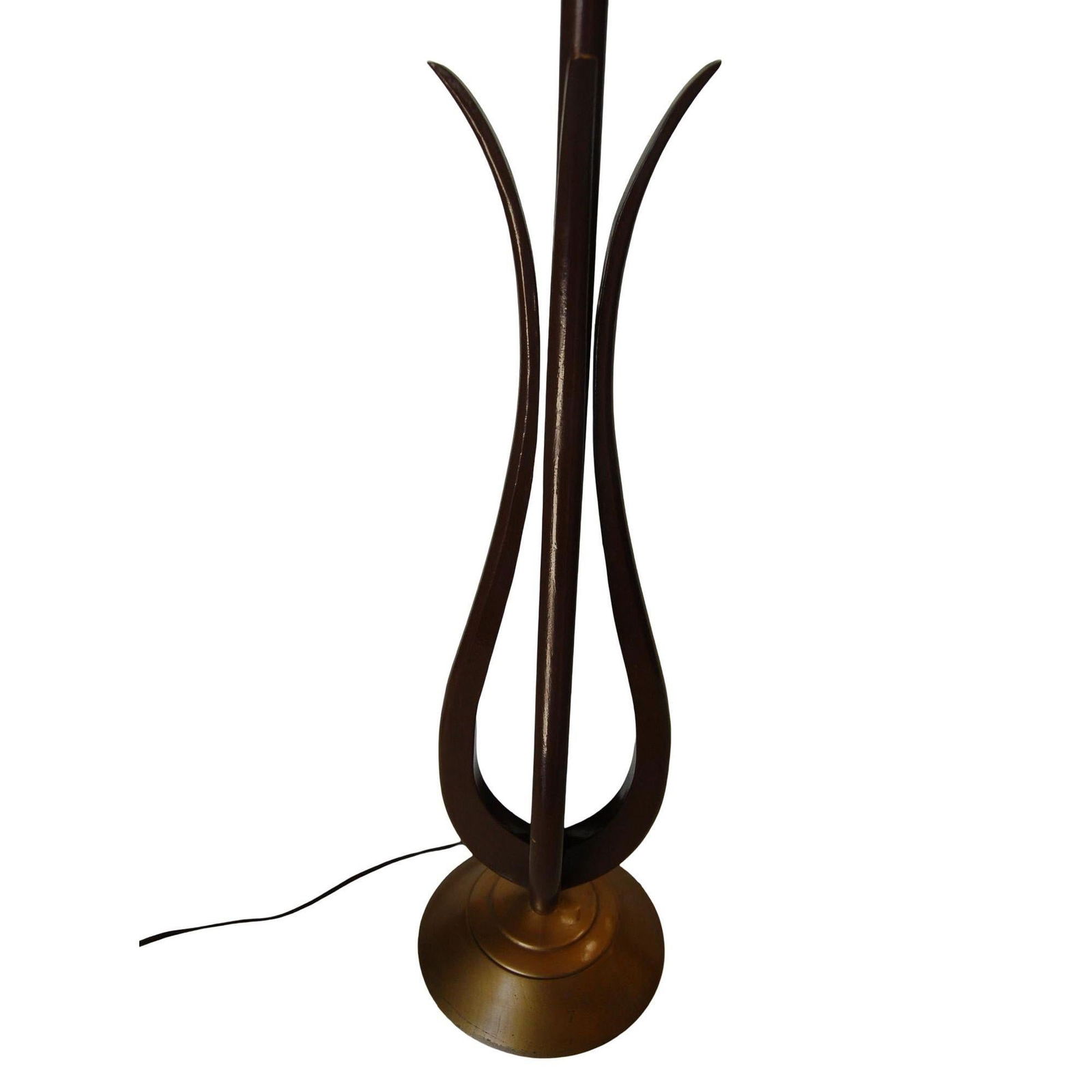 Modernist Harp Shaped Sculptural Walnut and Brass Tone Table Lamp, Pair - 8