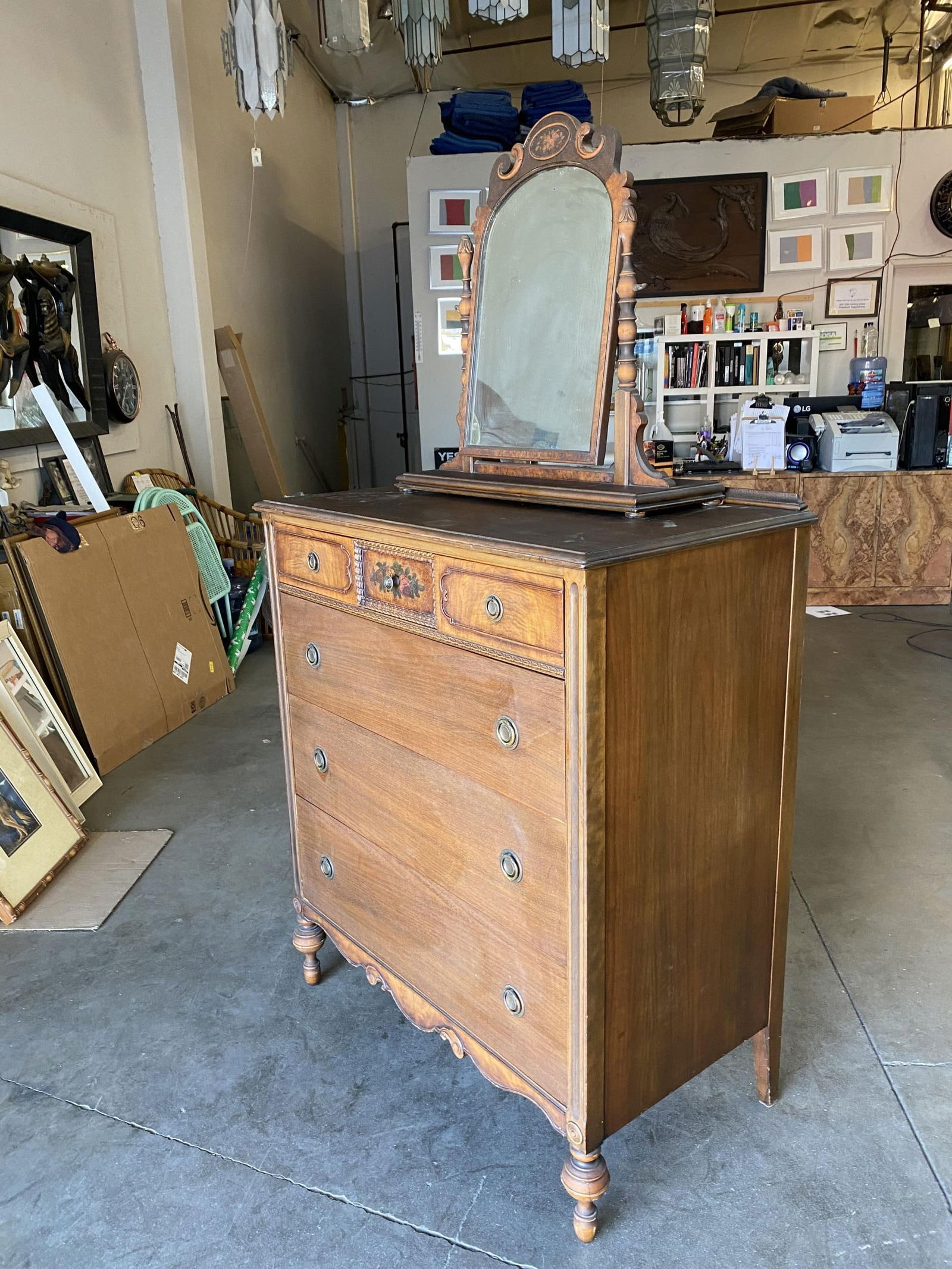 Antique Walnut Highboy Dresser w/ Vanity Table Mirror by Berkey & Gay Furniture - 2