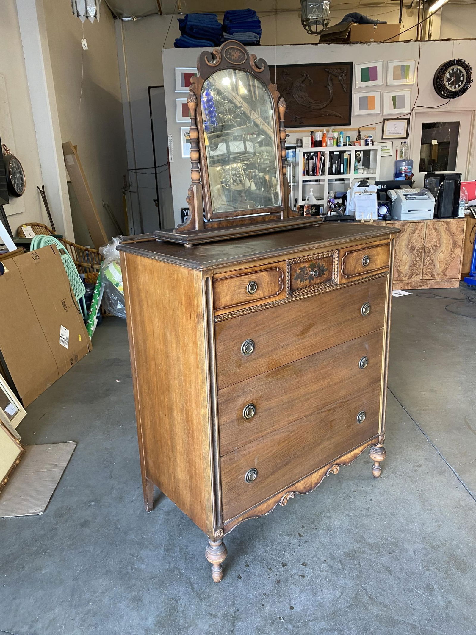 Antique Walnut Highboy Dresser w/ Vanity Table Mirror by Berkey & Gay Furniture - 8