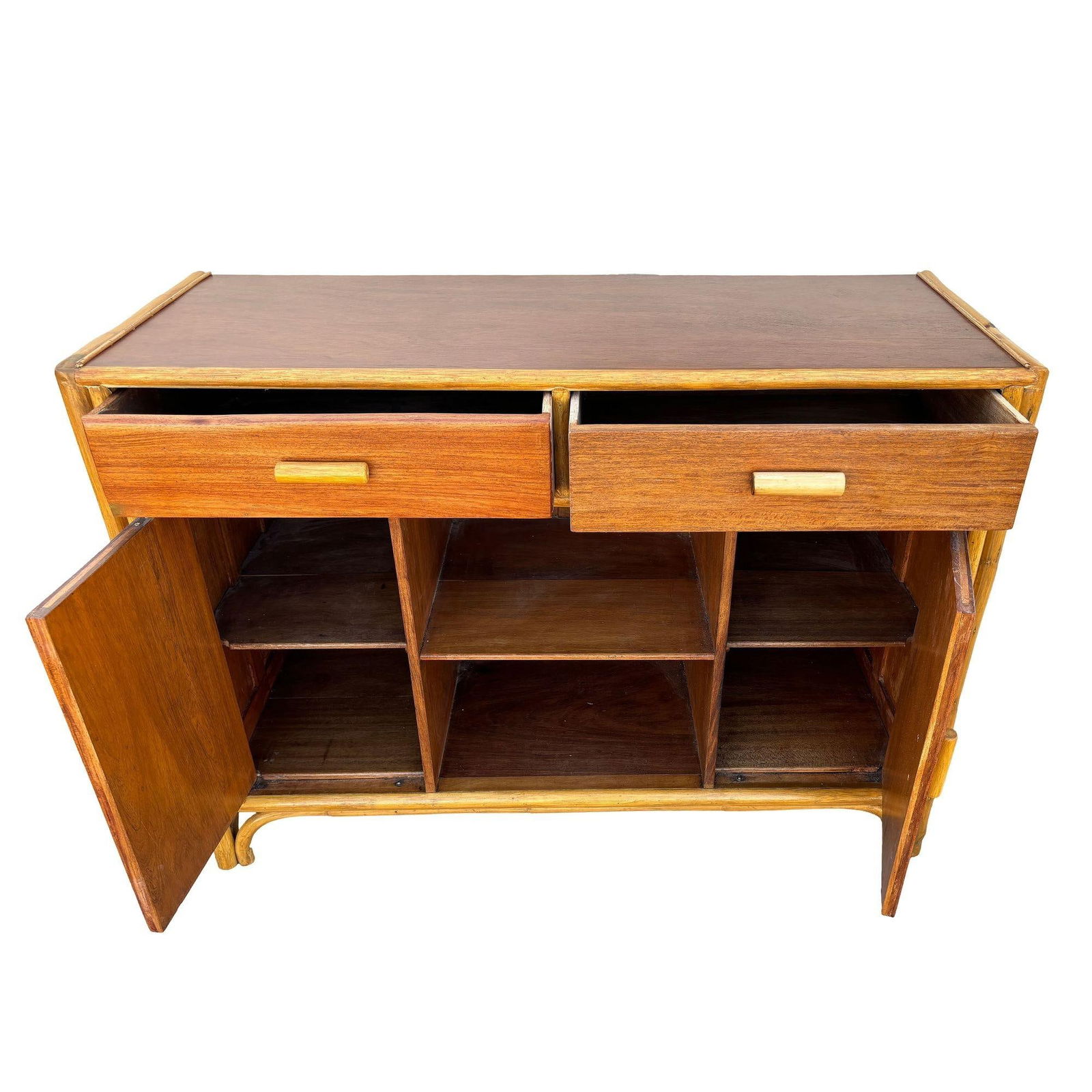 Restored Early Mid-century Stacked Rattan Credenza TV Stand w/ Mahogany Top - 10