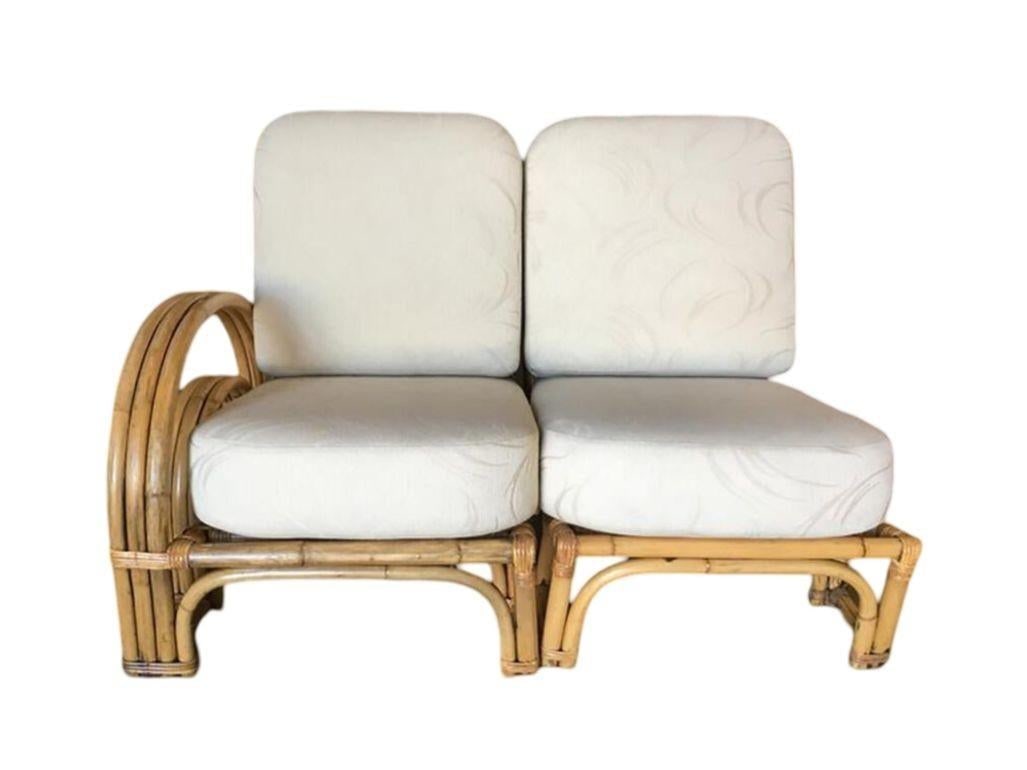 Restored Double Horseshoe Rattan Sofa, Lounge Chair, Side Table Living Room Set - 6