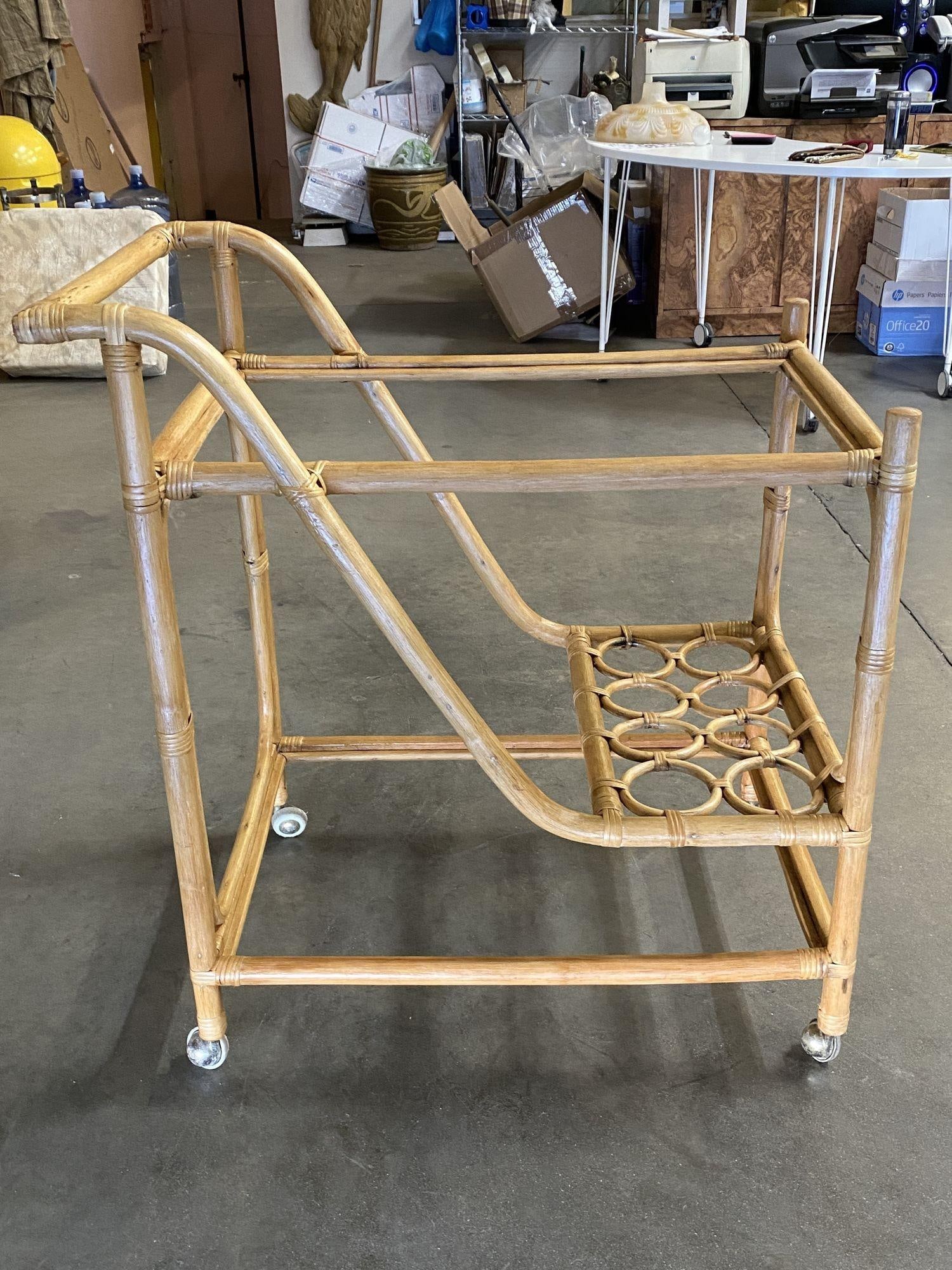 Restored Mid Century Rattan Bar Cart w/ Bottle Holder by Angraves, circa 1970 - 6