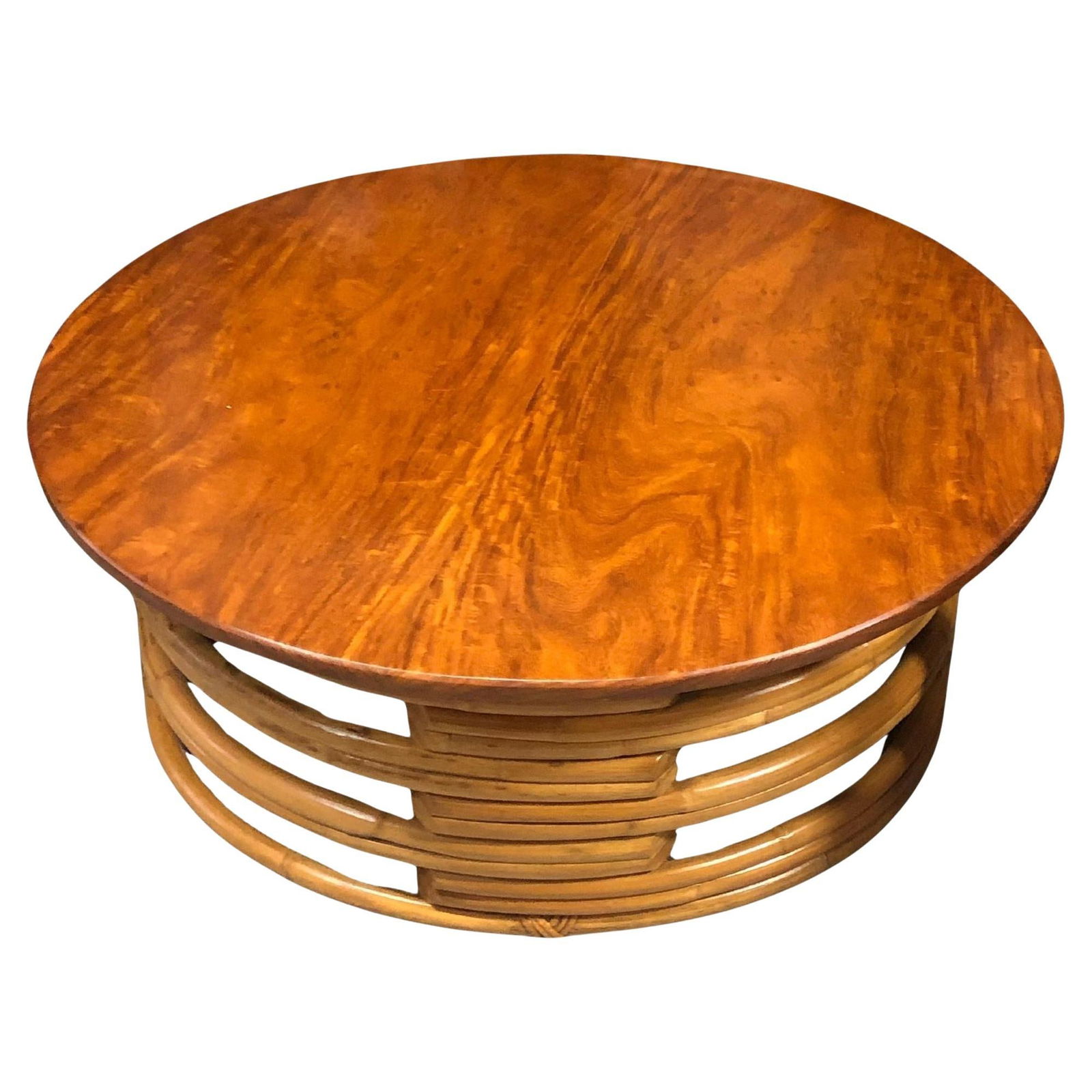 Restored Round Rattan Coffee Table with Mahogany Top - 16