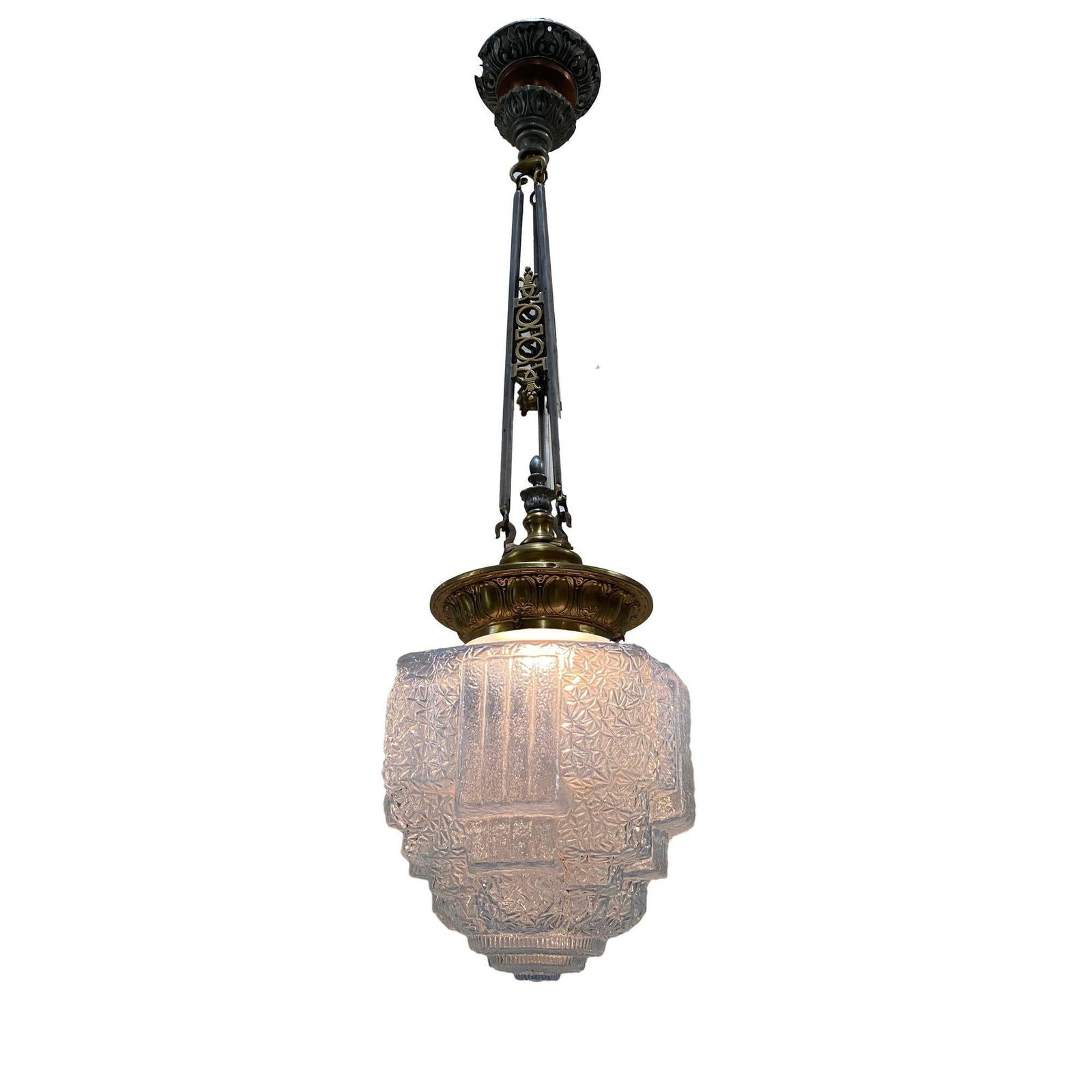Empire Style Brass Ceiling Pendant w/ Stepped Blue Glass Deco Globe, Set of 4 - 15