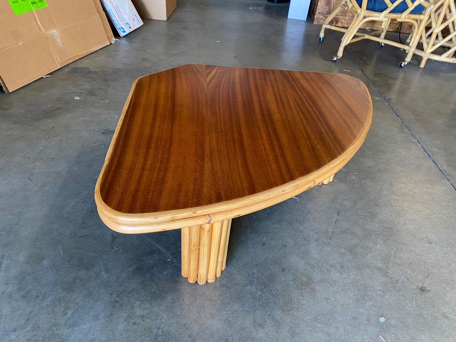 Restored "Pizza Slice" Rattan Side Table with Mahogany Top - 4