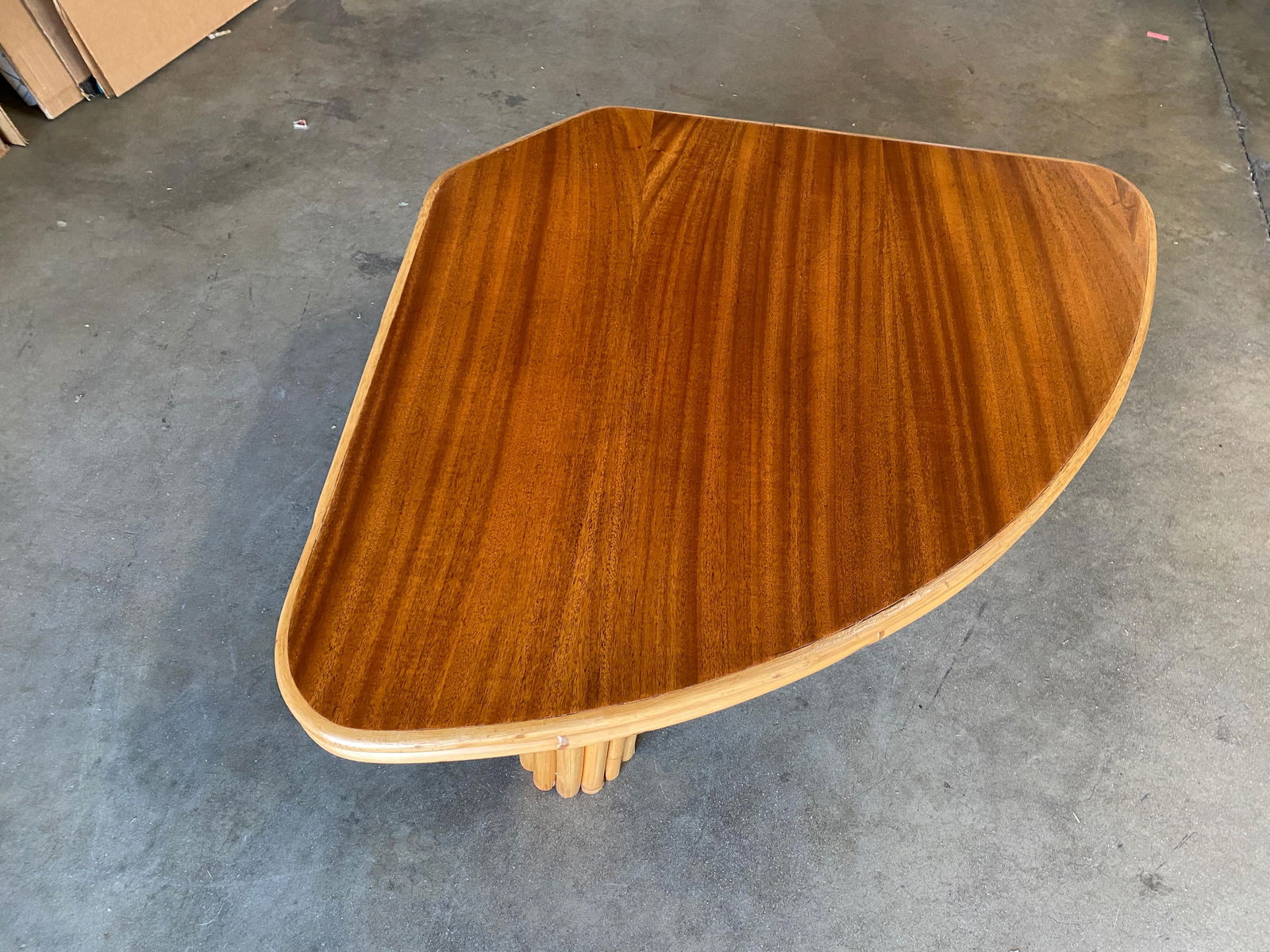 Restored "Pizza Slice" Rattan Side Table with Mahogany Top - 5