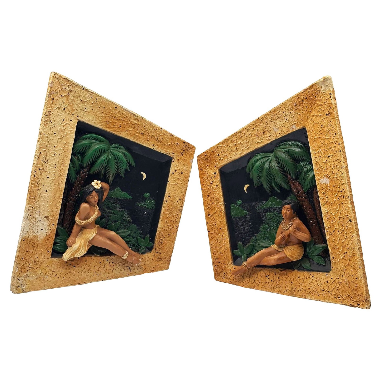 Rare MCM Tropical Hula Girl & Ukulele Boy Art Pottery 3D Wall Sculptural, Pair: Set of two Mid-century Starry Night 3d art pottery wall sculptures featuring a Hula Girl & Ukulele Boy matching set. Each culture features a figural sculpture of a young figure in a night-filled Hawai