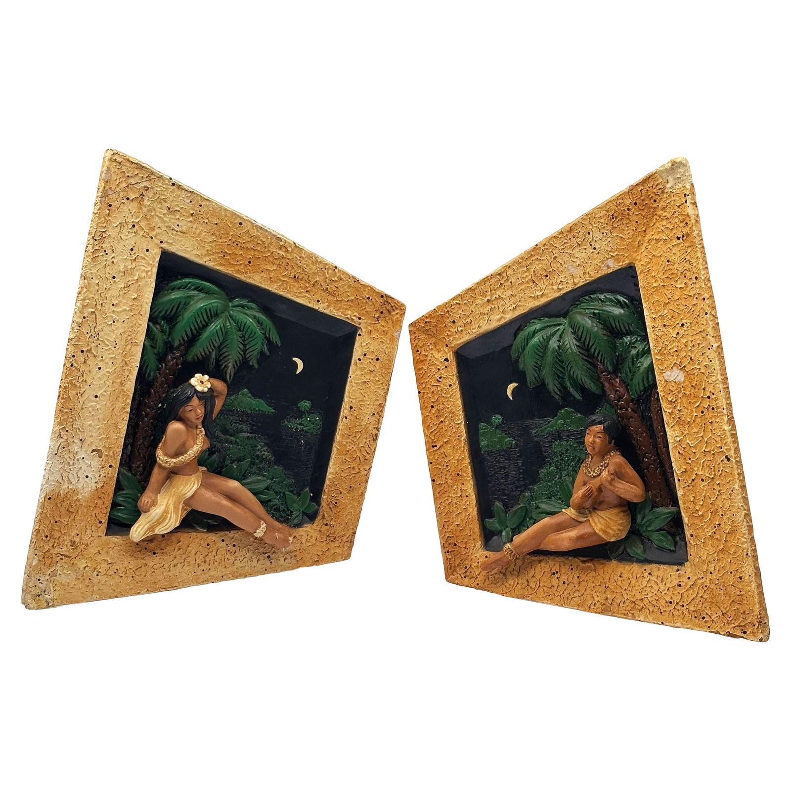 Rare MCM Tropical Hula Girl & Ukulele Boy Art Pottery 3D Wall Sculptural, Pair - 7