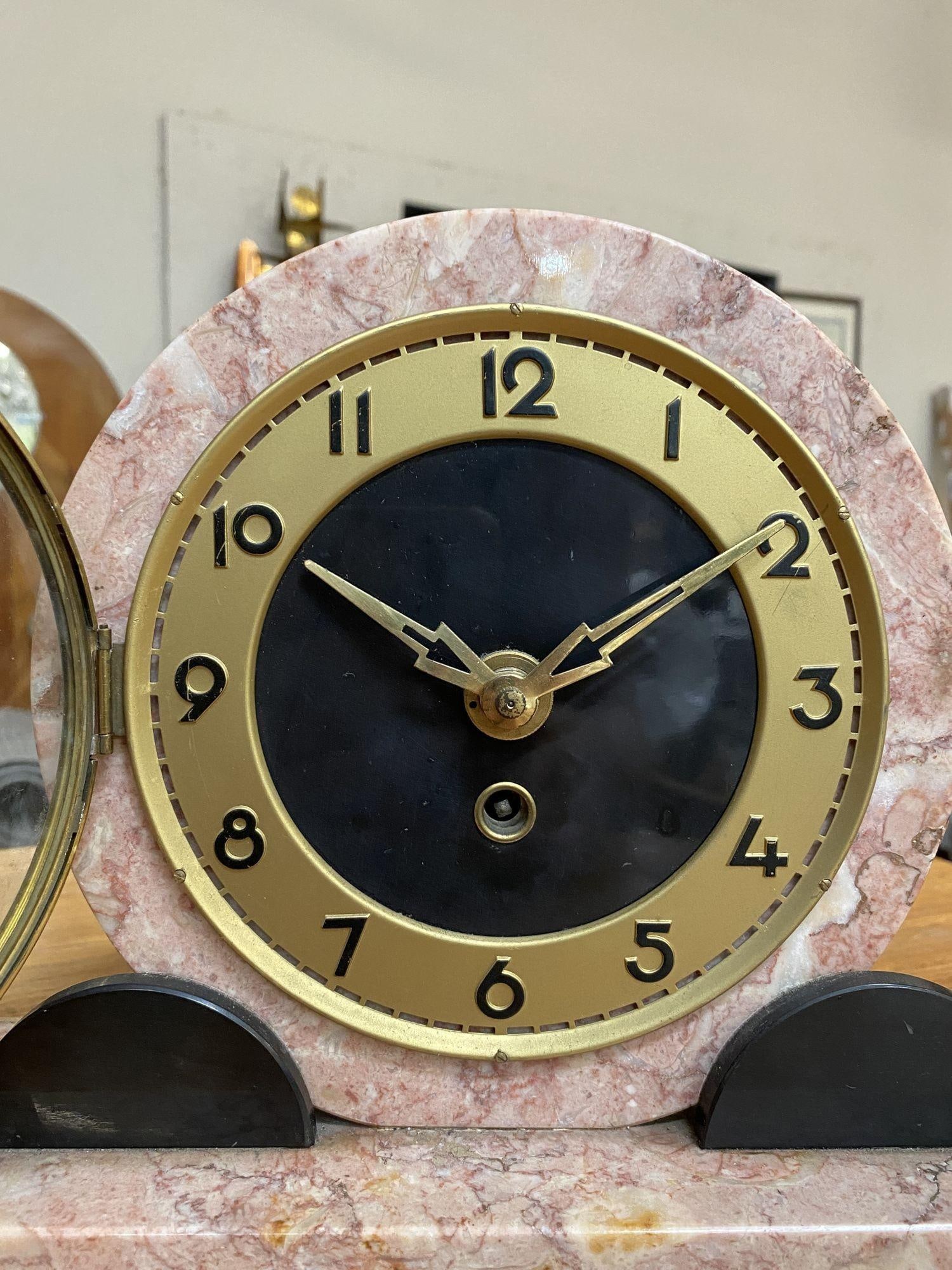 French Art Deco UCRA Bronze Swan Marble Mantle Garniture Clock Set by Marefbay - 13