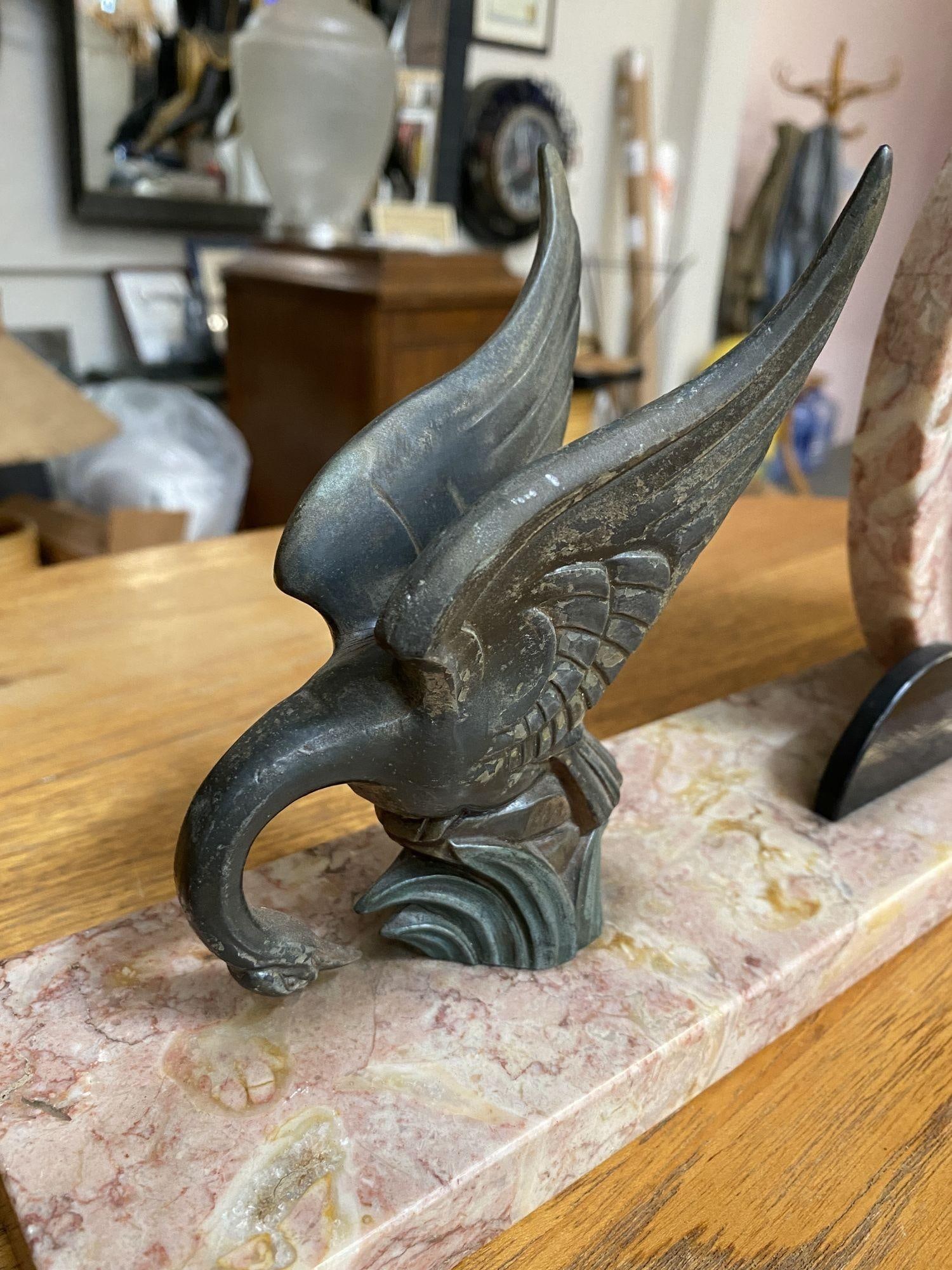 French Art Deco UCRA Bronze Swan Marble Mantle Garniture Clock Set by Marefbay - 17