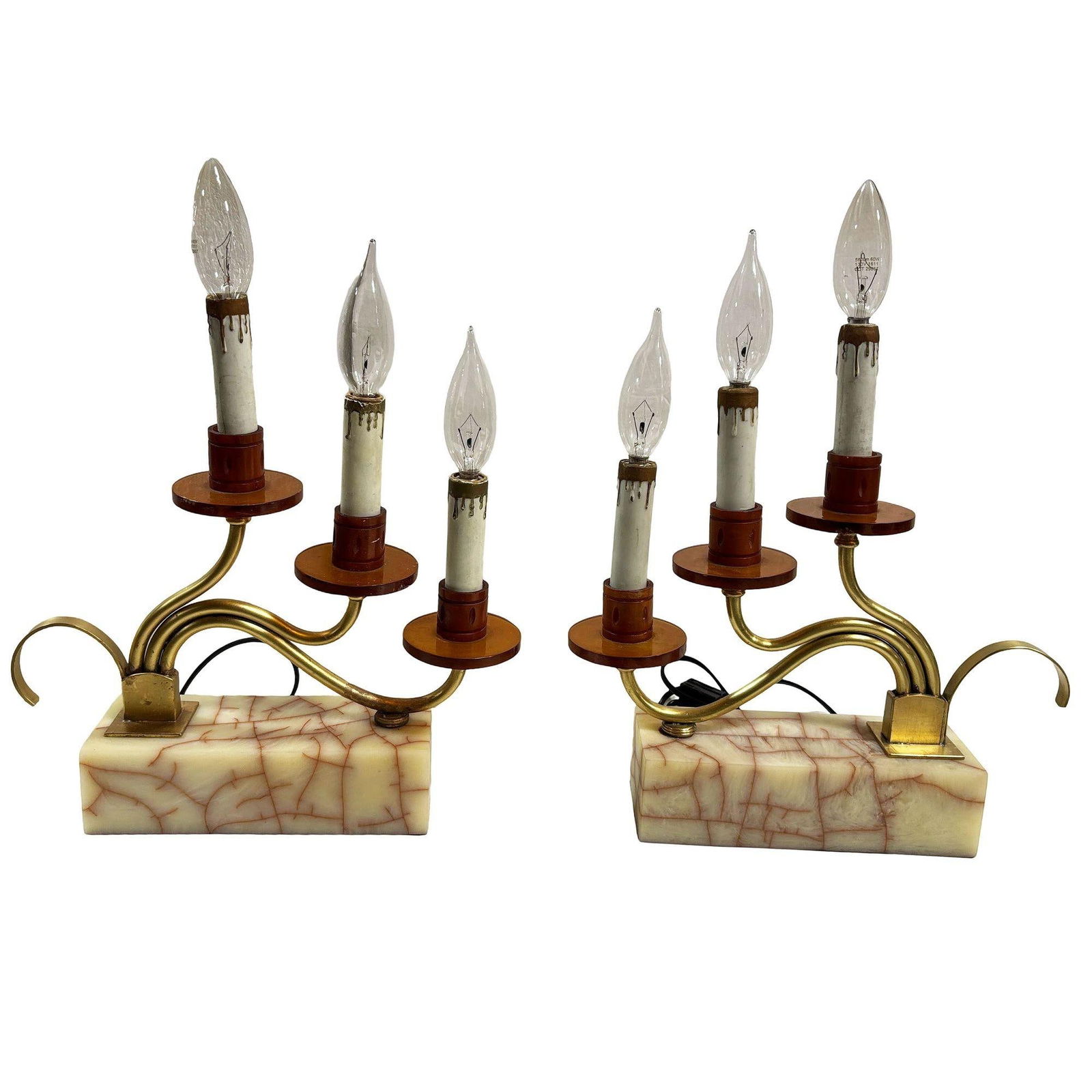 Hollywood Regency Three Candle Bakelite & Brass Table Lamp, Pair - 15