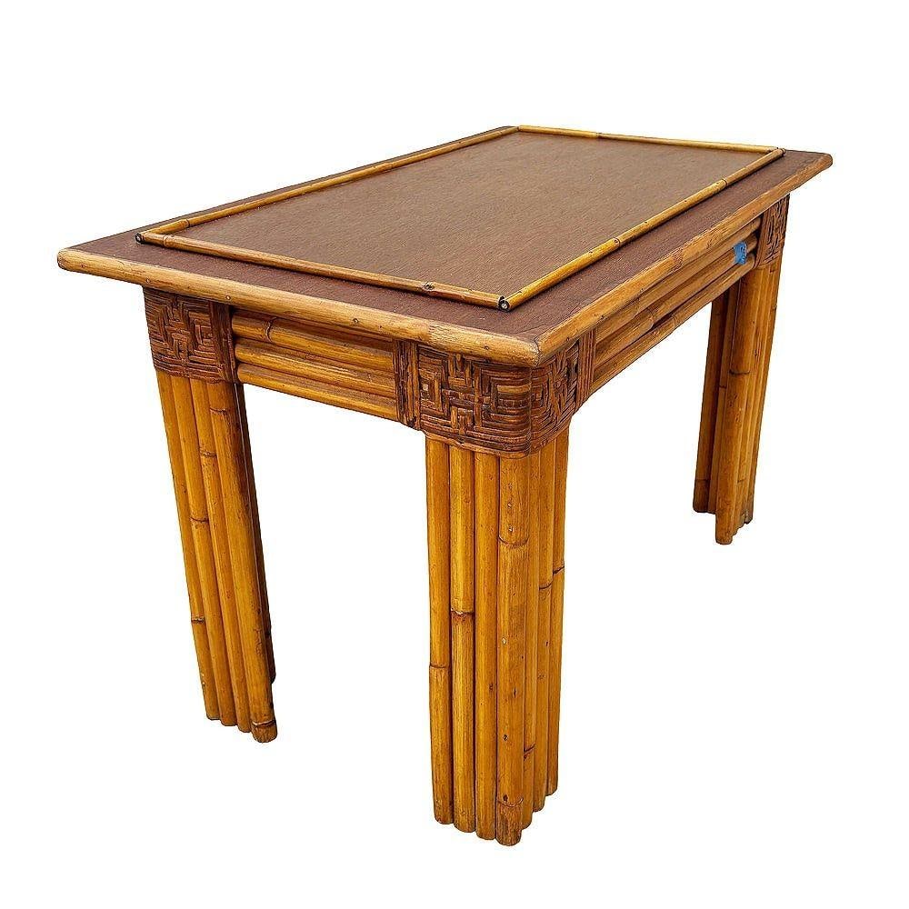 Restored Vertically Stacked Rattan Console Table w/ Mahogany Top - 19