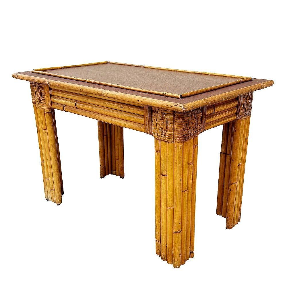 Restored Vertically Stacked Rattan Console Table w/ Mahogany Top - 9